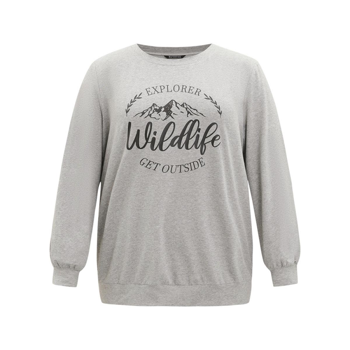 Plus Size Letter & Mountain Print Round Neck Sweatshirt Women LightGray Casual Printed Dailywear Sweatshirts BloomChic 12/L Product Image