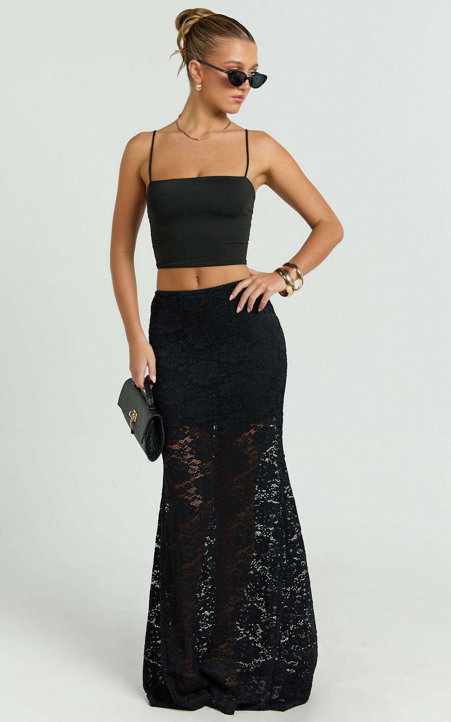 Kamille Maxi Skirt - Lace Mermaid Hem Skirt in Black Product Image