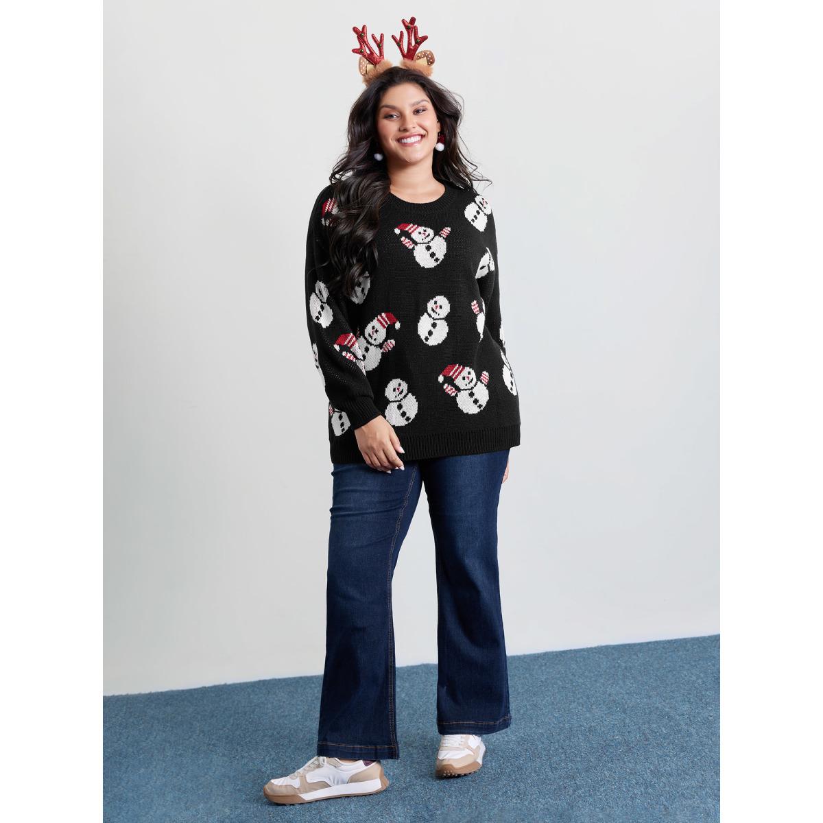Plus Size Snowman Jacquard Round Neck Pullover Black Women Playful Loose Long Sleeve Round Neck Casual Pullovers BloomChic 12/L Product Image