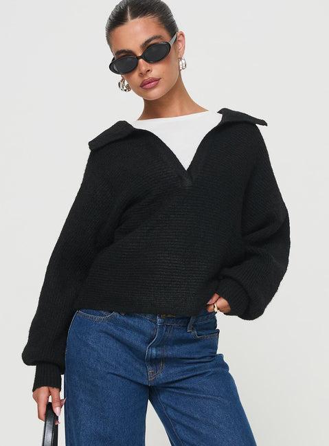 Bella Notched Neck Sweater Black Product Image