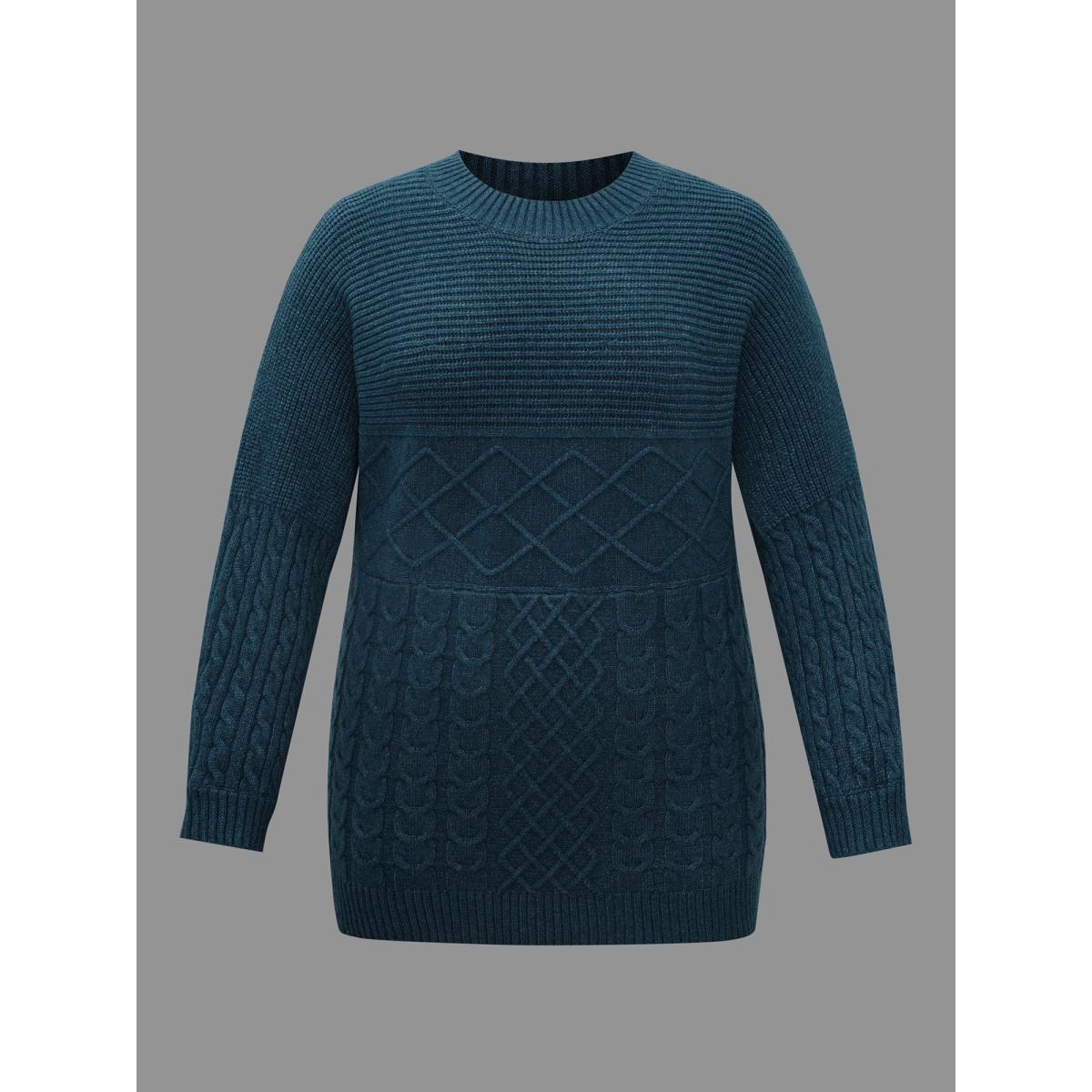 Plus Size Cable Knit Texture Drop Shoulder Sleeve Pullover Aegean Women Casual Loose Long Sleeve Round Neck Everyday Pullovers BloomChic 26/4X Product Image