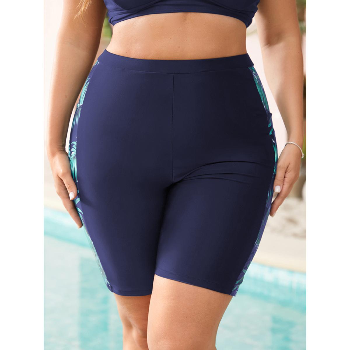 Plus Size Plant Patchwork Pocket Side Swim Shorts Women's Swimwear Indigo Vacation Patchwork High stretch Skinny High Rise Pocket Curve Swim Bottoms BloomChic 18-20/2X Product Image
