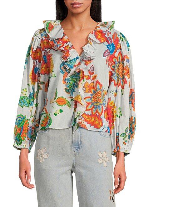 Chelsea & Violet Mari Floral Print Ruffle V-Neck Long Cuff Sleeve Blouse Product Image