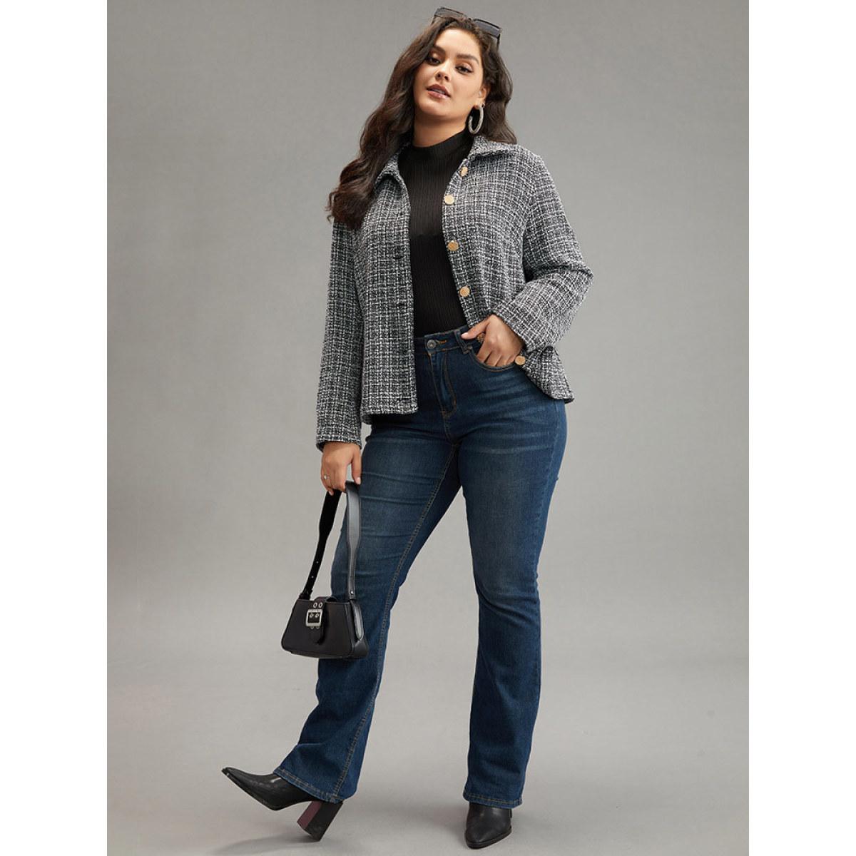 Plus Size Gingham Texture Lapel Collar Metal Detail Jacket Women Black Elegant Texture Ladies Everyday Winter Coats BloomChic 10/M Product Image