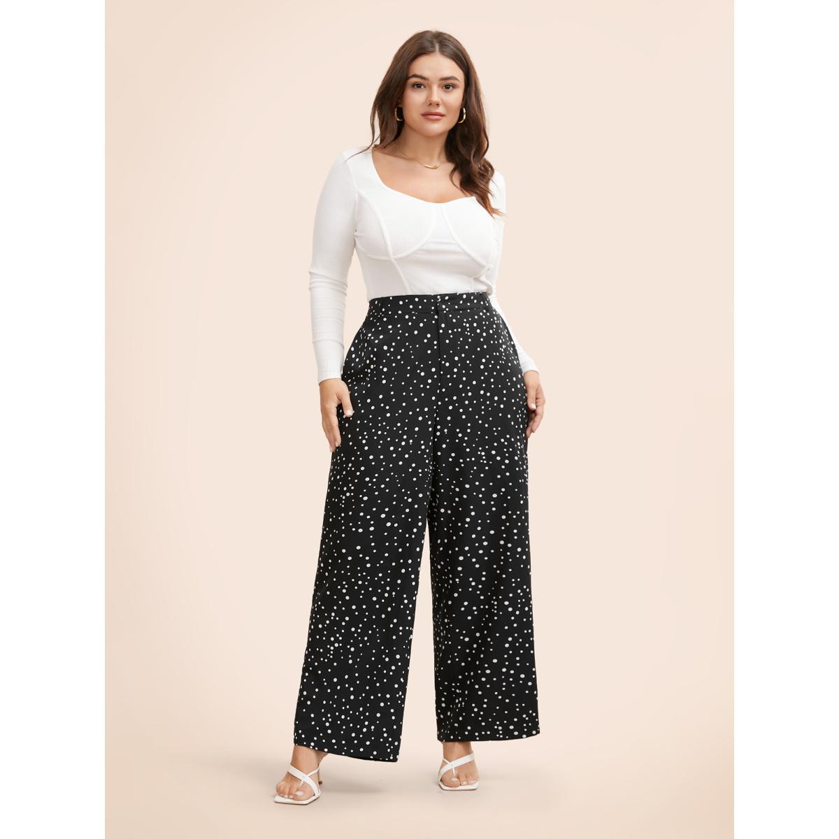 Plus Size Polka Dot Mid Rise Wide Leg Pants Women Black Elegant Wide Leg Mid Rise Everyday Pants BloomChic 14-16/1X Product Image