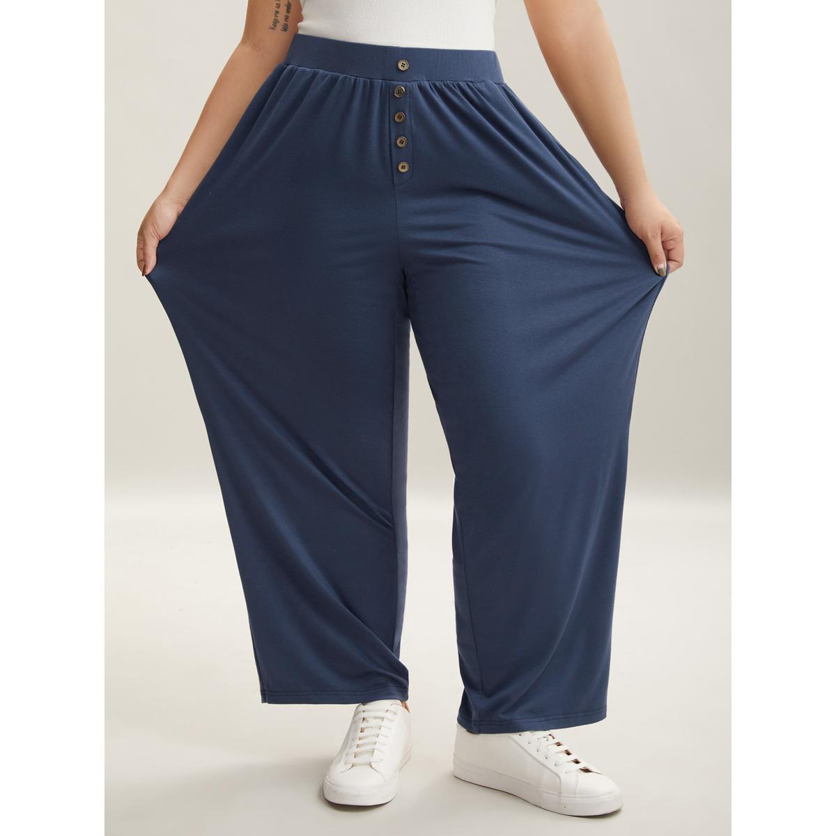 Plus Size Button Front Pleated Comfy Fit Pants Women Indigo Casual Wide Leg Mid Rise Everyday Pants BloomChic 28/5X Product Image