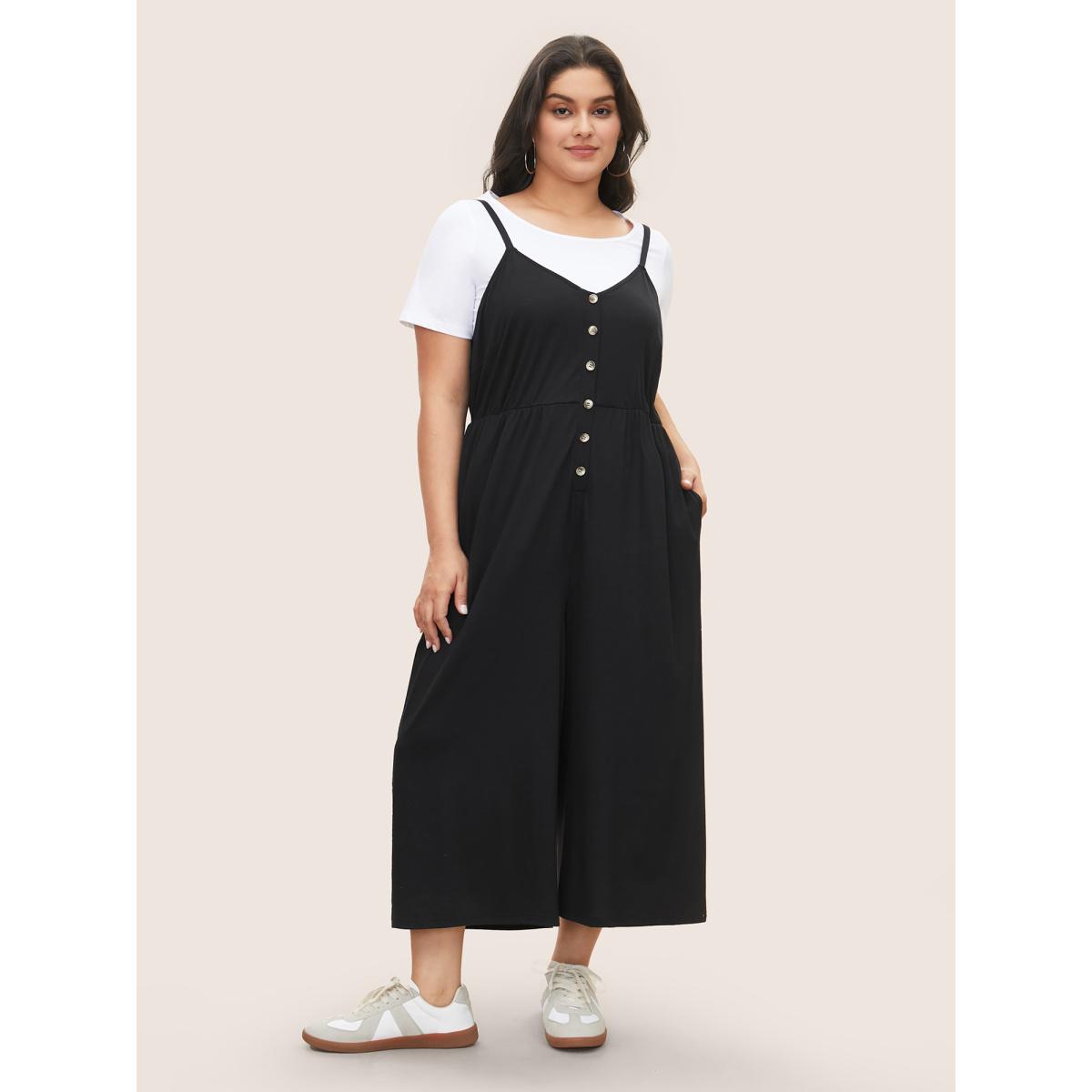 Plus Size Black Solid Button Detail Gathered Jumpsuit Women Casual Sleeveless Non Everyday Loose Jumpsuits BloomChic 30/6X Product Image