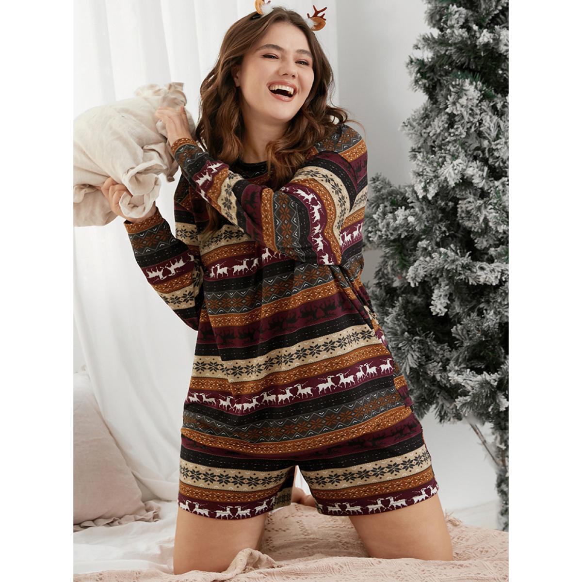 Plus Size Snowflake & Elk Print Pajama Set Women Multicolor Graphic-Christmas Printed Long Sleeve Round Neck Casual Loungewear Sets BloomChic 12/L Product Image