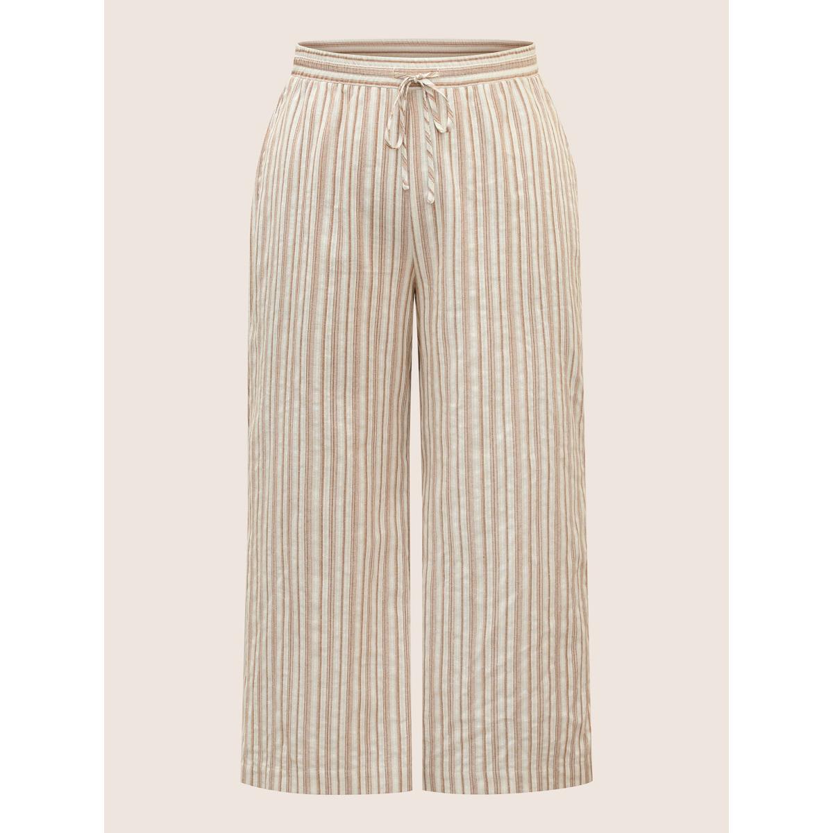 Plus Size Striped Drawstring Mid Rise Wide Leg Pants Women Tan Resort Wide Leg Mid Rise Vacation Pants BloomChic 30/6X Product Image
