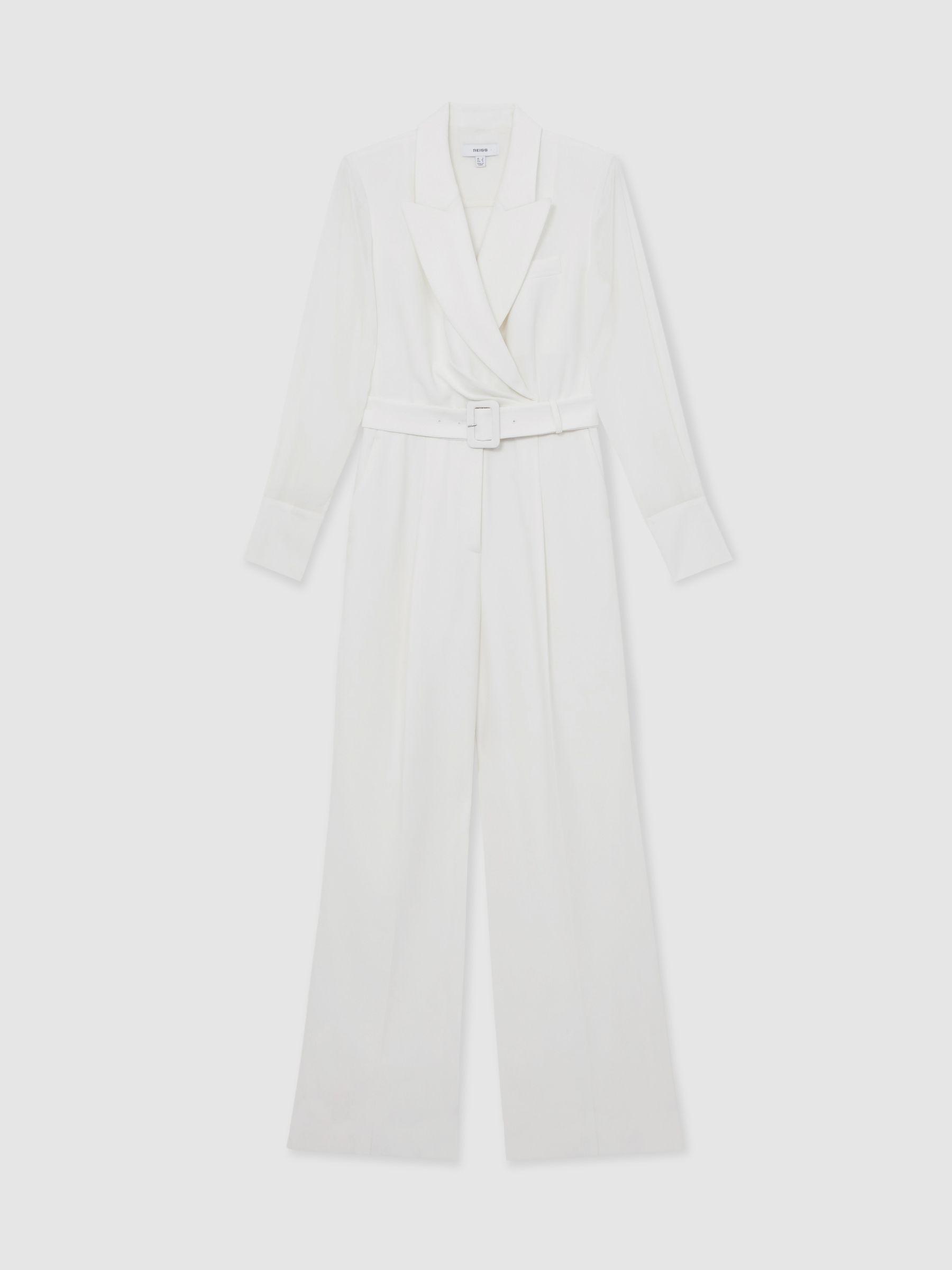 Sheer-Sleeve Wide-Leg Tuxedo Jumpsuit in Ivory Product Image