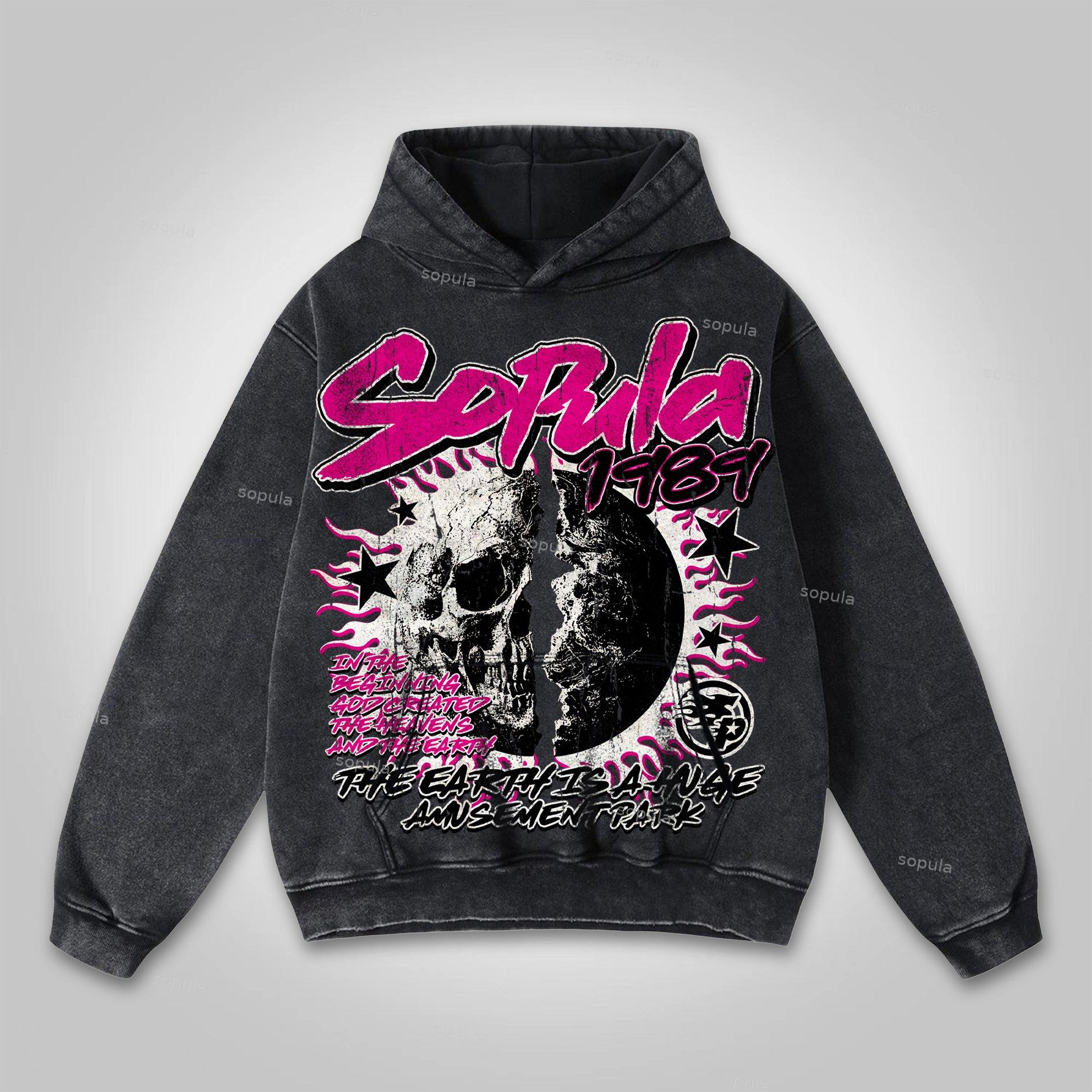 Sopula Men's Flame Skeleton Earth Print Washed Hoodie Product Image