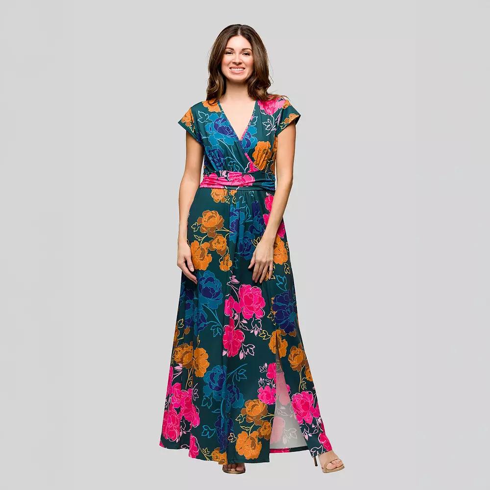Women's 24Seven Comfort Apparel Floral Print V-Neck Cap Sleeve Side Slit Maxi Dress, Size: Small, Green Team Product Image