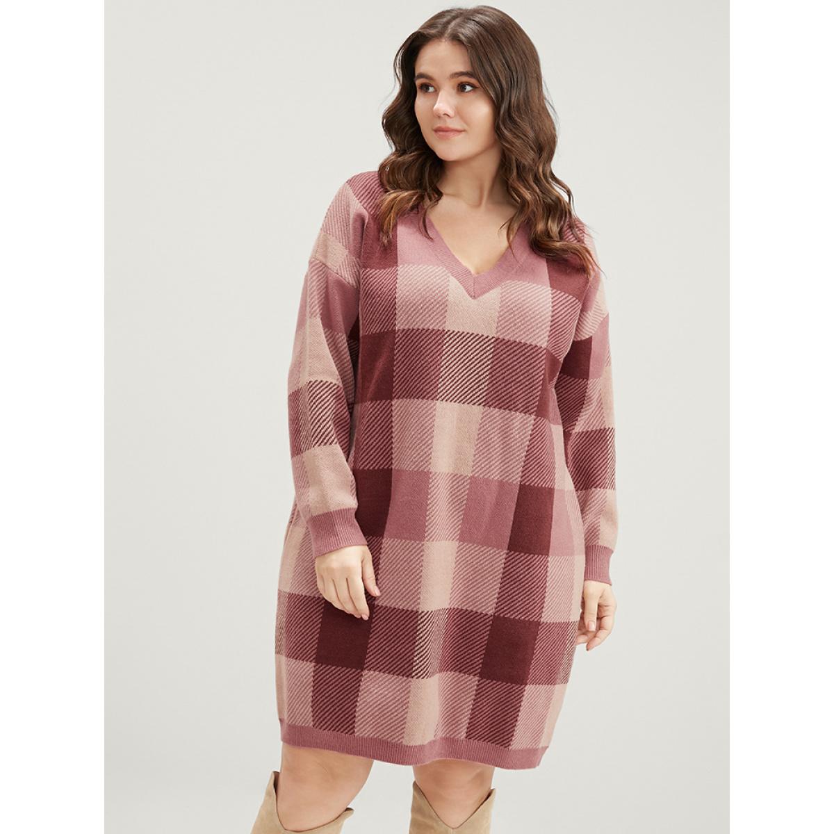 Plus Size Plaid Contrast Pointelle Knit V Neck Sweater Dress Burgundy Women Elegant Long Sleeve Dailywear Sweater Dresses BloomChic 26/4X Product Image