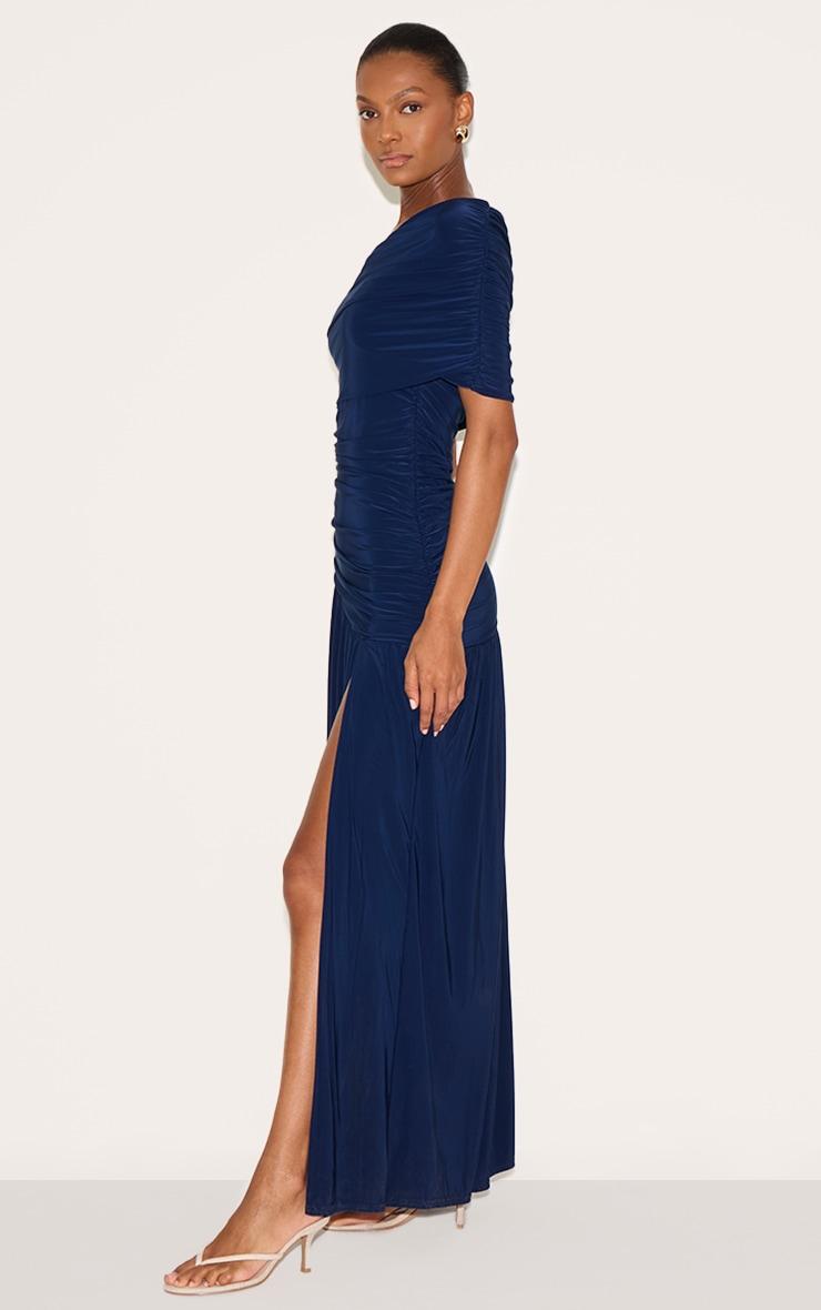 Navy Double Layer Slinky Bardot One Shoulder Ruched Maxi Dress Product Image