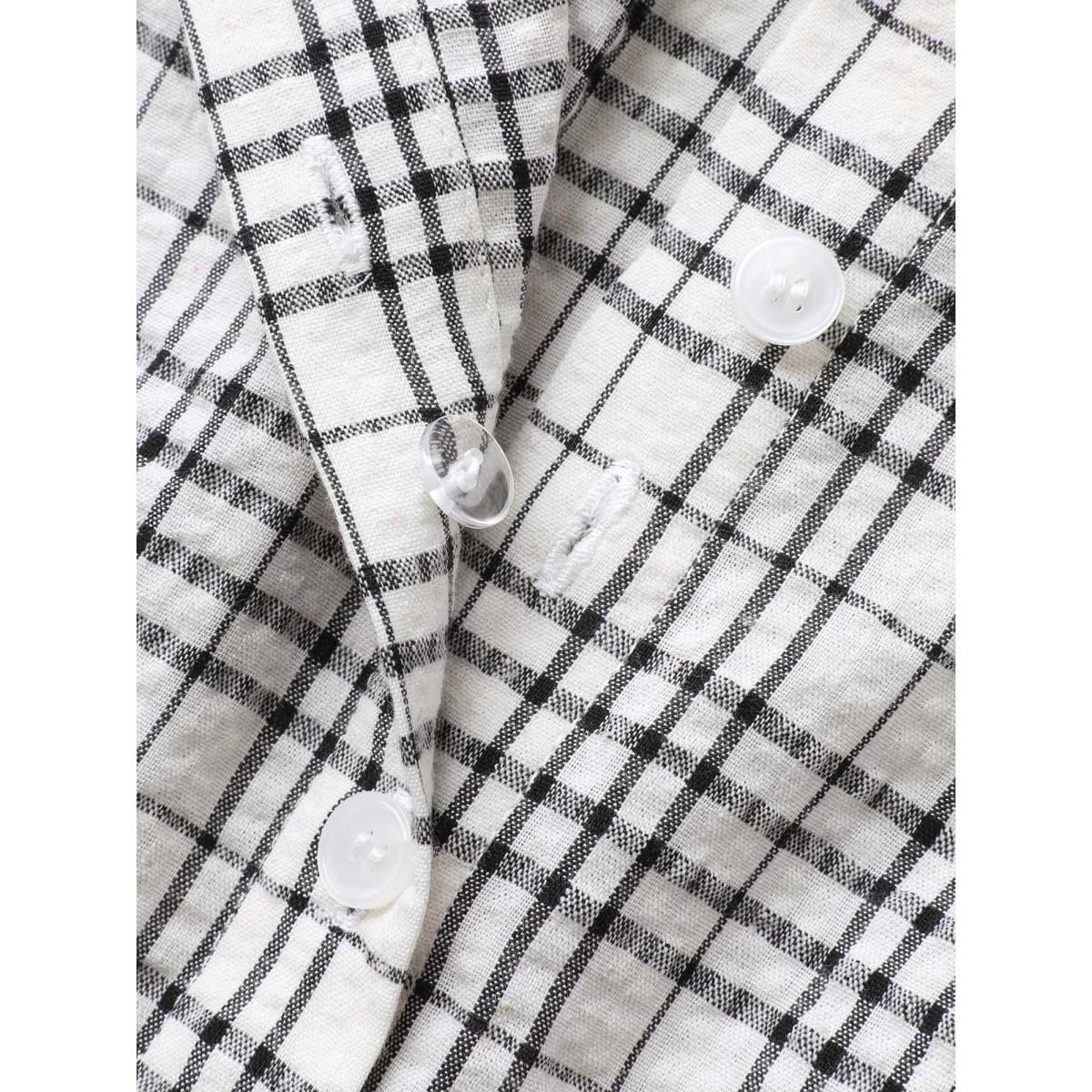 Plus Size Ivory Cotton Plaid Sculpted Button Placket Blouse Women Short sleeve Shirt collar Work Blouses BloomChic 30/6X Product Image