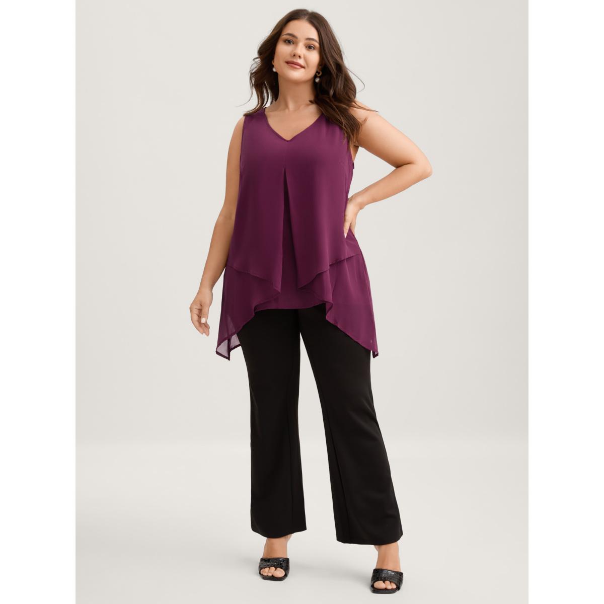 Plus Size Chiffon Overlap Hem V-Neck Tank Top Women Plum Timeless V-neck Elegant Tank Tops Camis BloomChic 22-24/3X Product Image