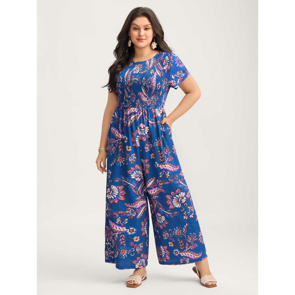 Plus Size DarkBlue Floral Shirred Bodice Pockets Jumpsuit Women Boho Cap Sleeve Round Neck Vacation Loose Jumpsuits BloomChic 22-24/3X Product Image