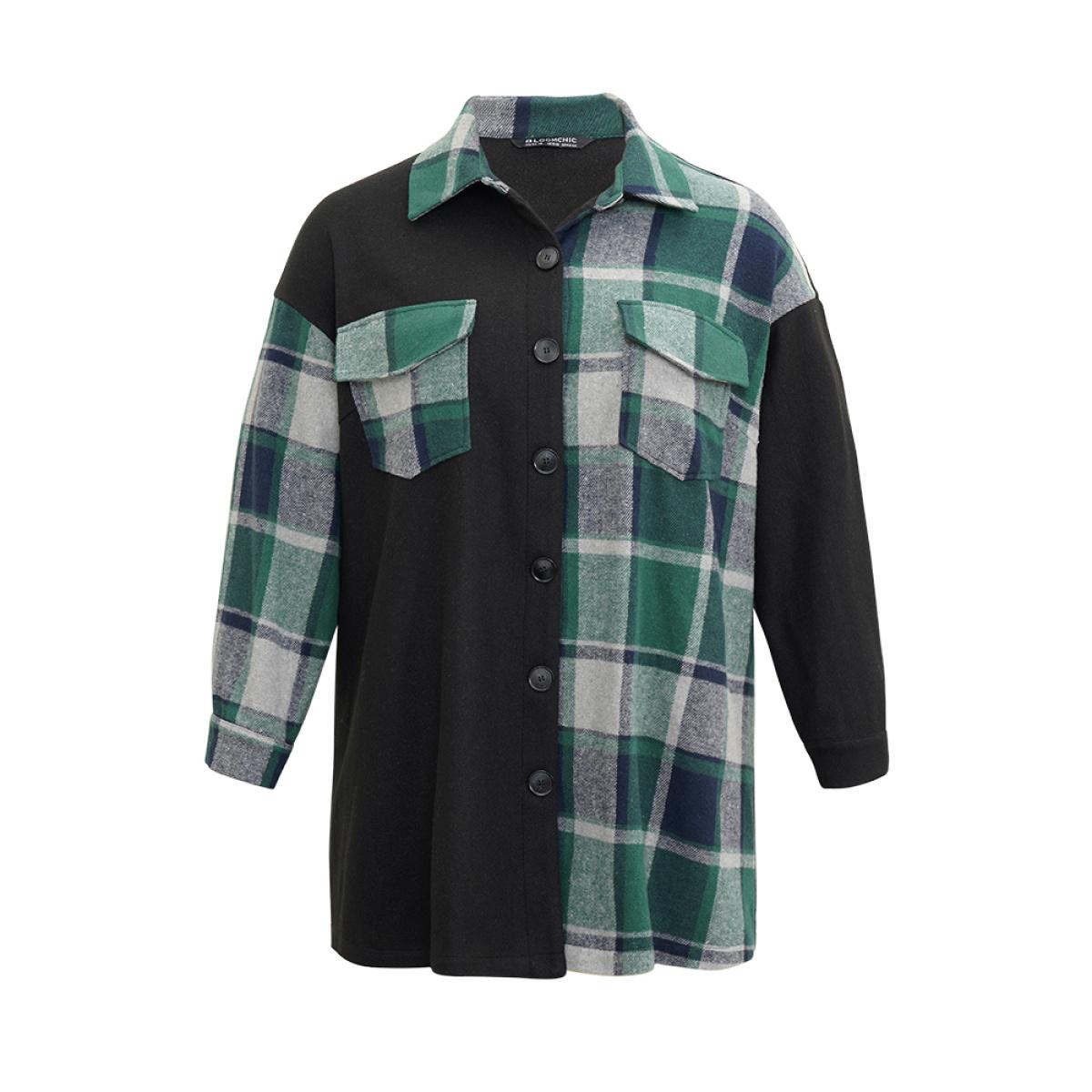 Plus Size Plaid Contrast Patchwork Pocket Button Up Shacket Women Green Contrast Pocket Dailywear Jackets BloomChic 10/M Product Image