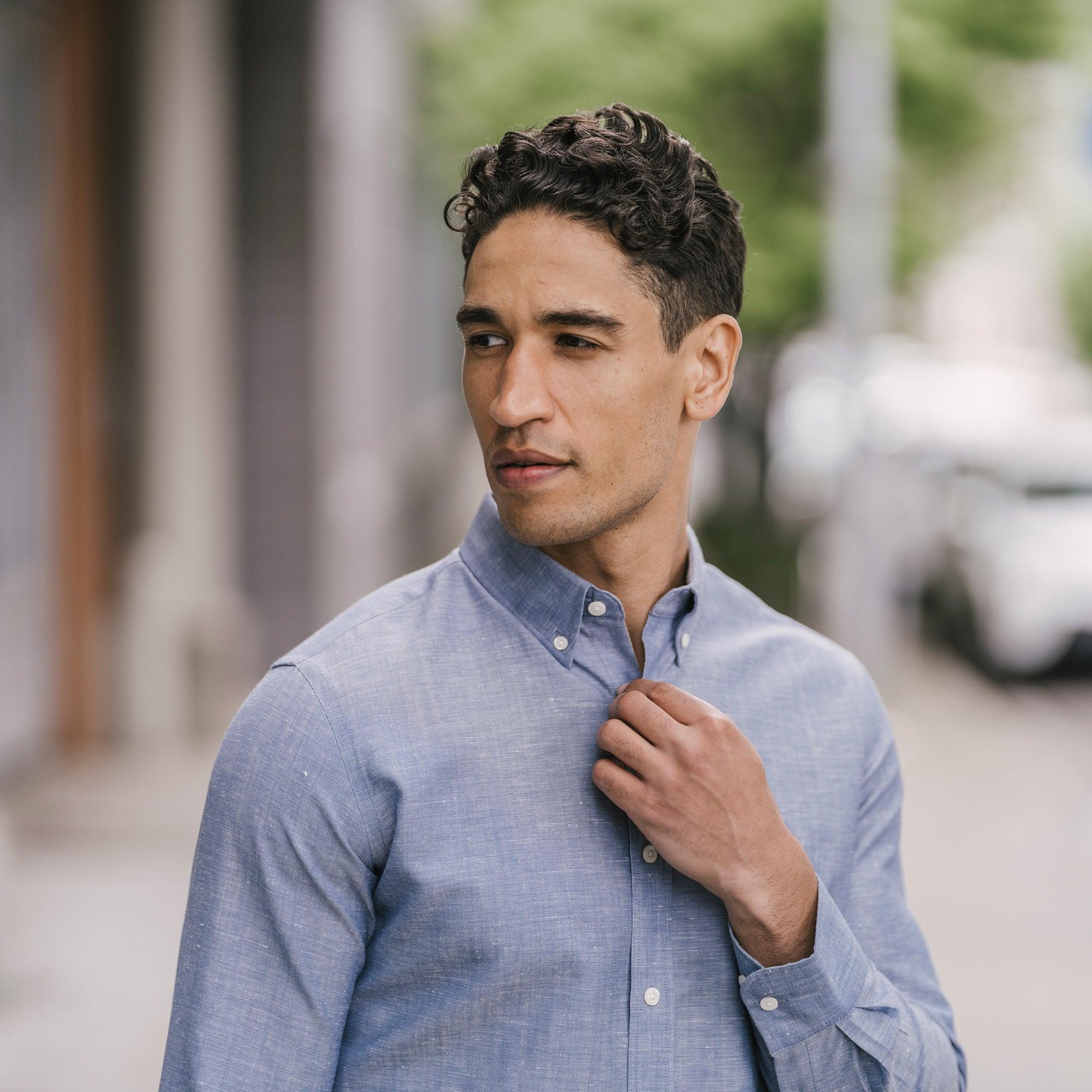 Merino Wool and Linen Button-Down Shirt | Vintage Blue Wool Linen Product Image