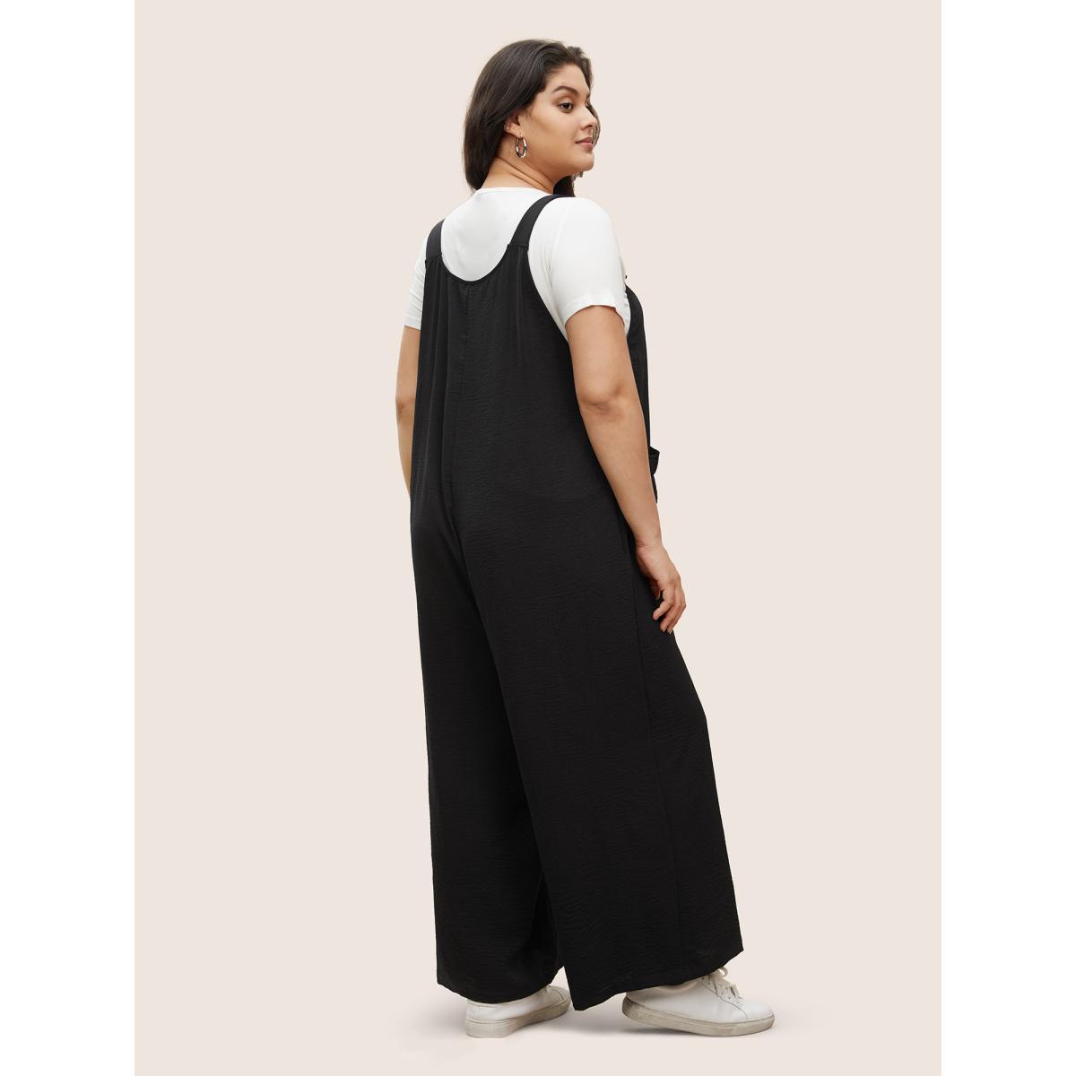 Plus Size Black Plain Pleated Wide Leg Jumpsuit Women Casual Sleeveless Square Neck Everyday Loose Jumpsuits BloomChic 18-20/2X Product Image