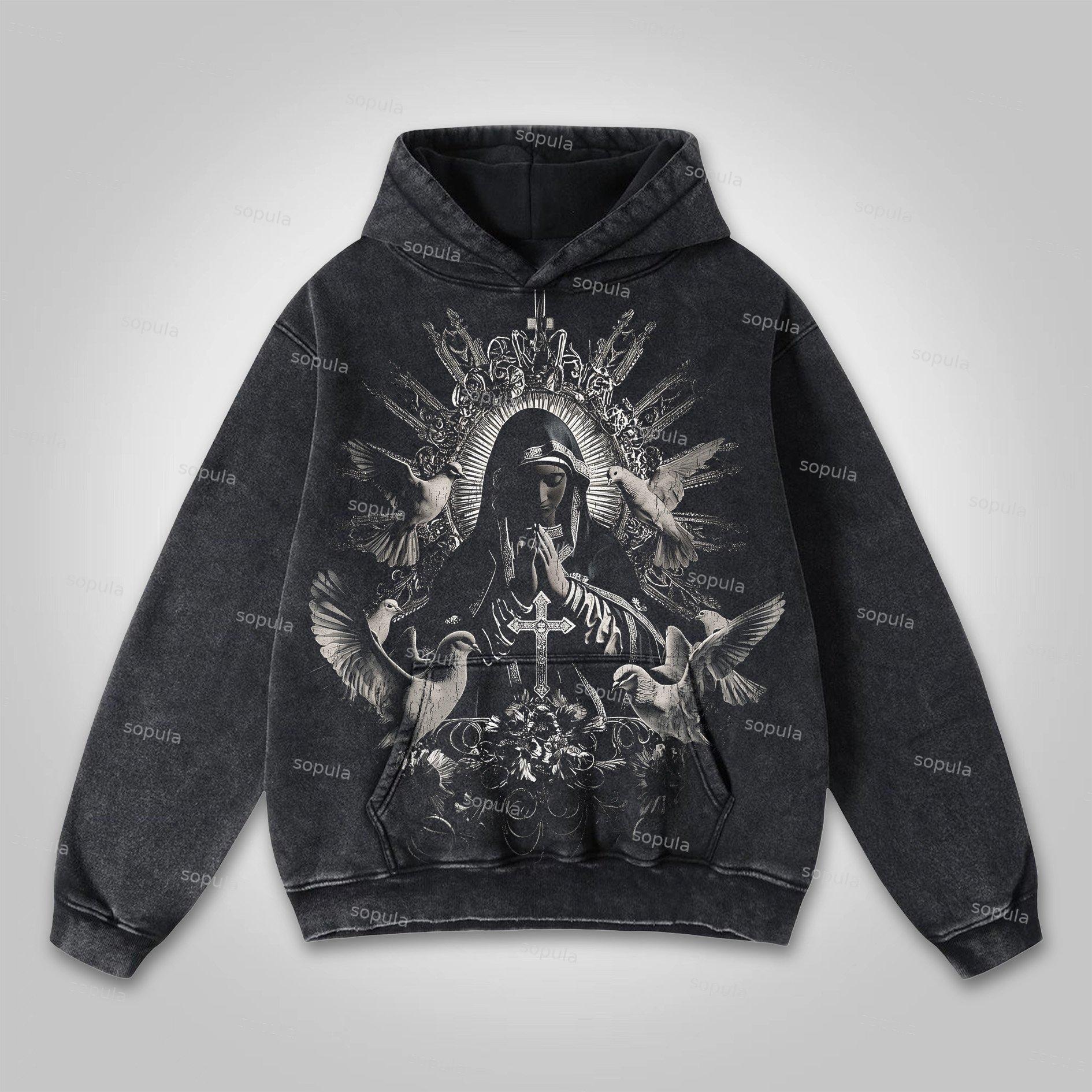 Sopula Virgin Mary Praying Washed Pocket Hoodie Product Image
