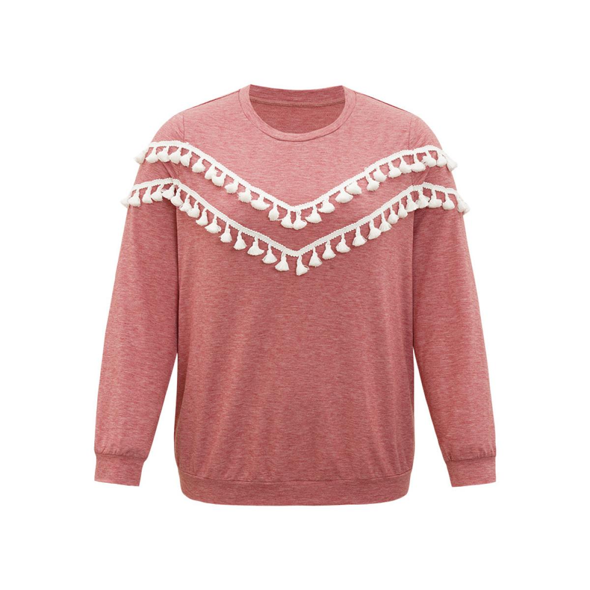Plus Size plain Heather Crew Neck Tassel Trim Sweatshirt Women Russet Elegant Elastic cuffs Round Neck Dailywear Sweatshirts BloomChic 12/L Product Image