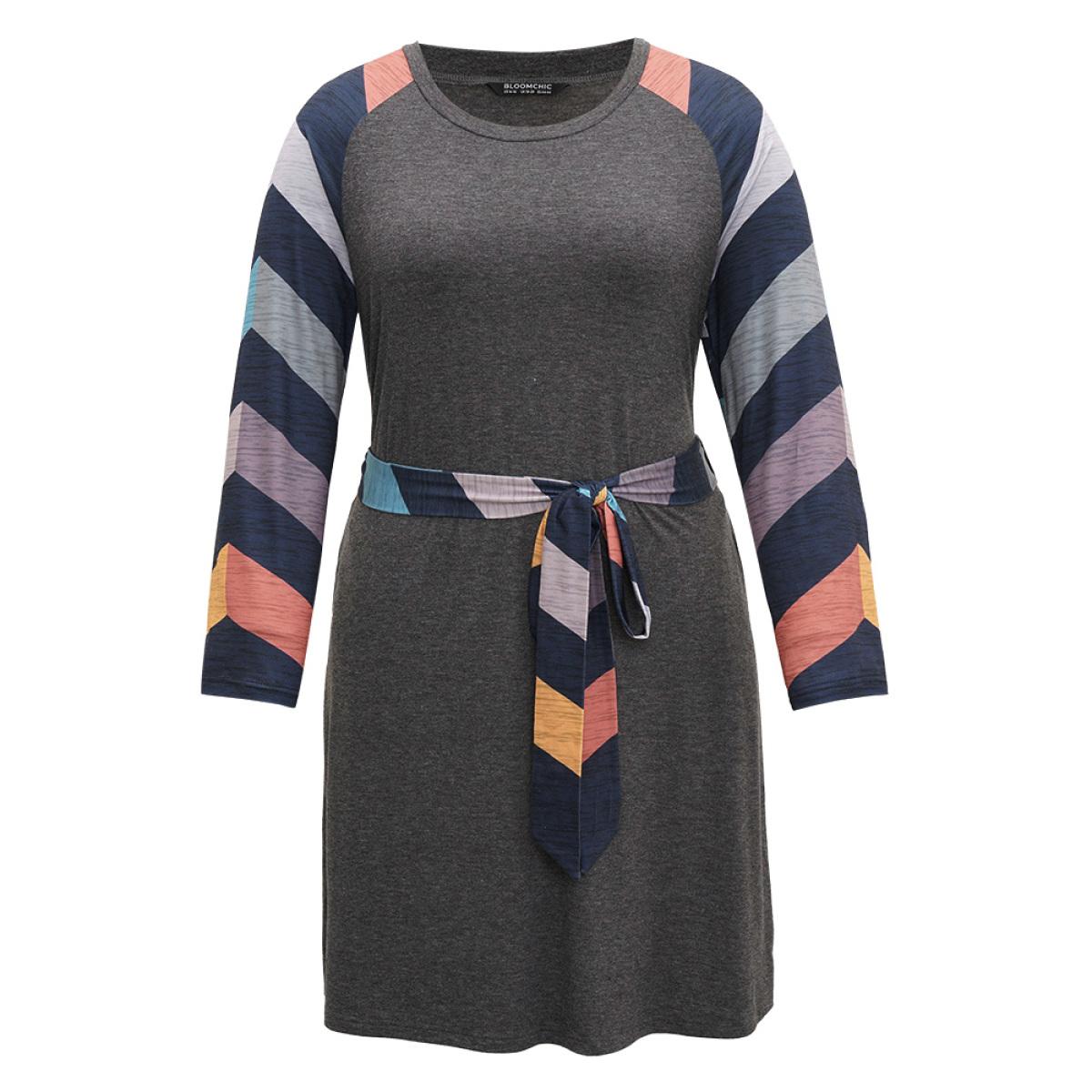 Plus Size Striped Pocket Raglan Sleeve Belted Dress DimGray Women Casual Belted Round Neck Long Sleeve Curvy Knee Dress BloomChic 14-16/1X Product Image