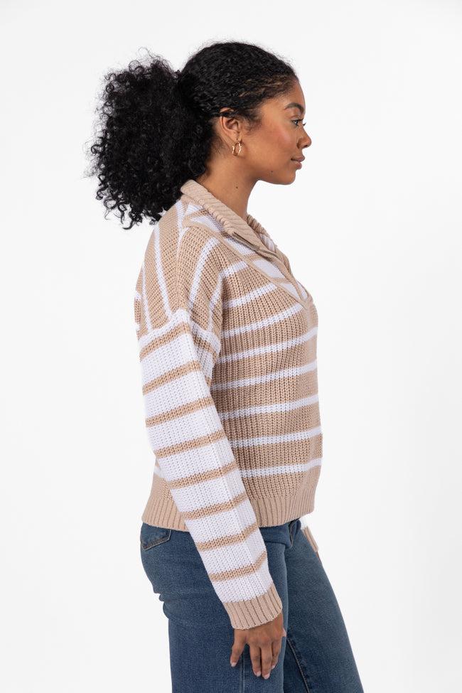 Worth Melting For Beige Striped Color Block Quarter Zip Pullover Sweater FINAL SALE Product Image
