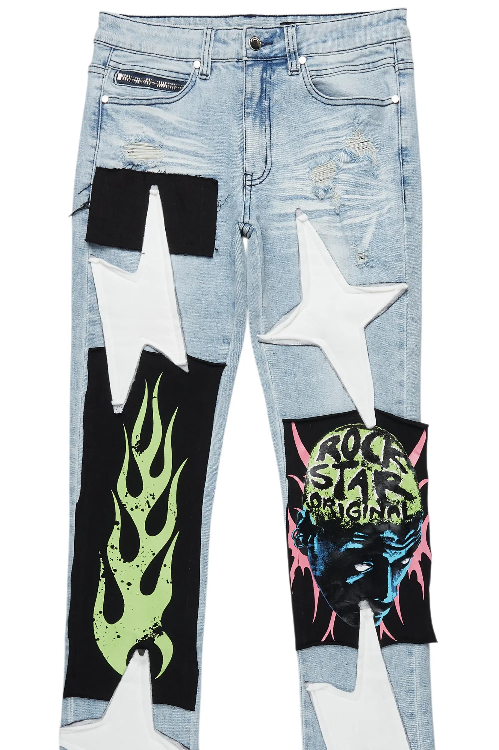 Edgar Blue Patchwork Stacked Flare Jean Male Product Image