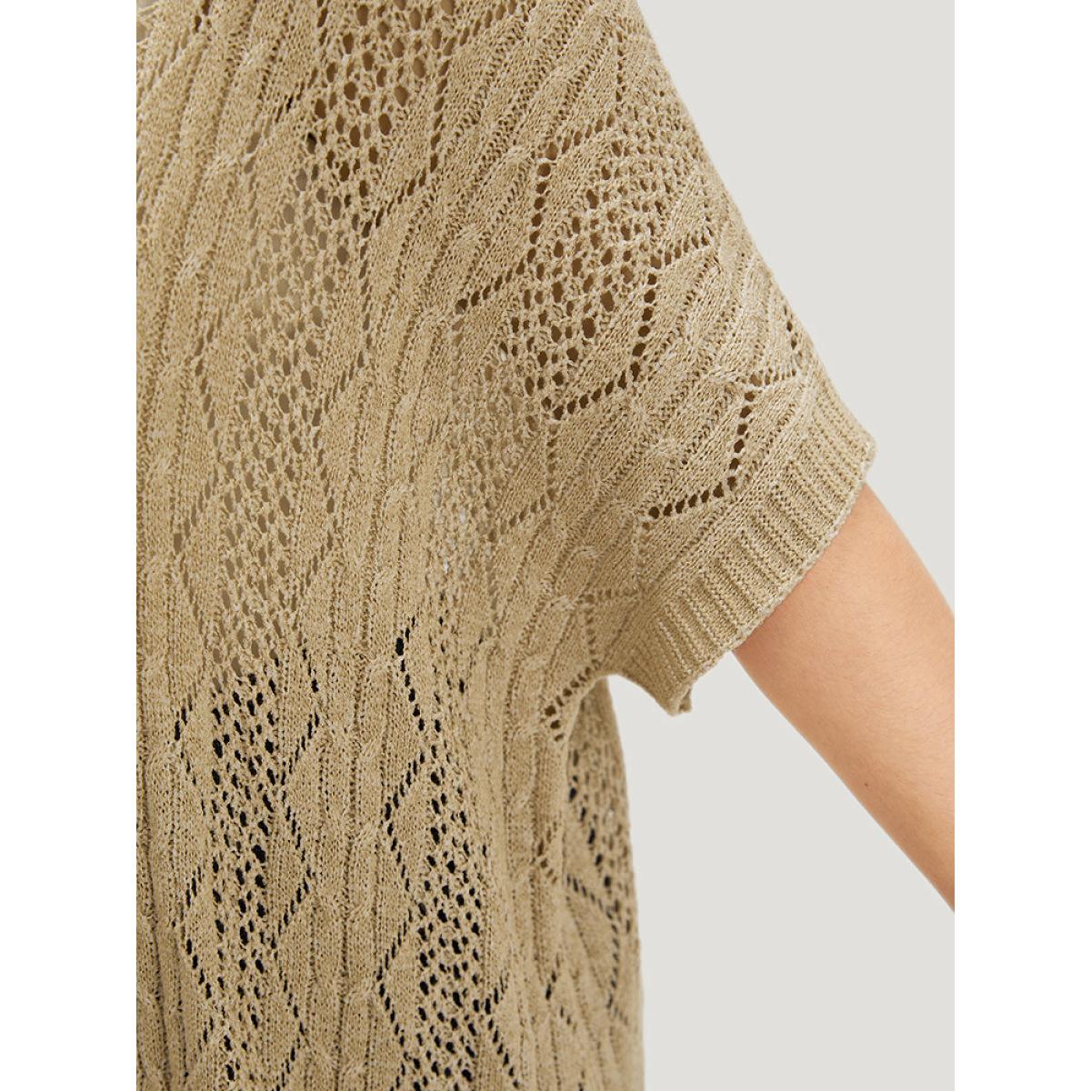 Plus Size Solid Fringe Trim Geometric Eyelet Batwing Sleeve Cardigan Tan Women Casual Loose Long Sleeve Dailywear Cardigans BloomChic 22-24/3X Product Image