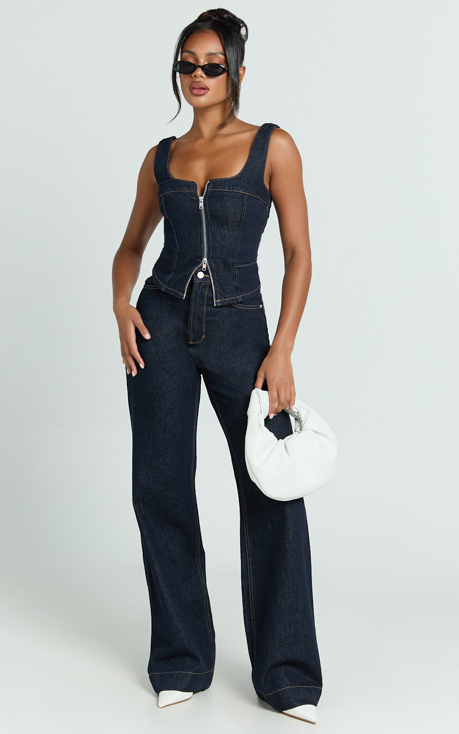 Bellerose Top - Front Zip Denim Fitted Top in Raw Denim with Tobacco Stitch Product Image