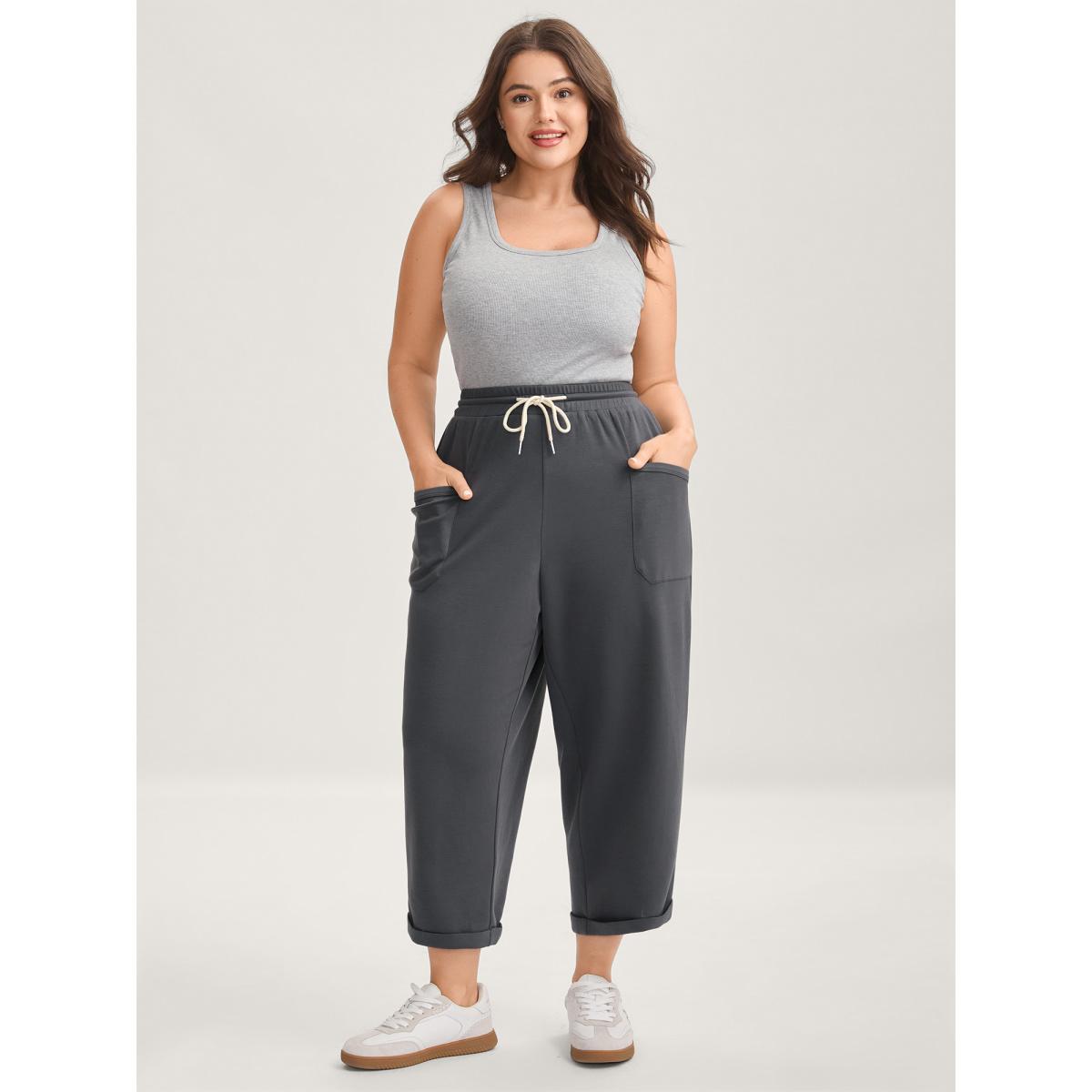 Plus Size Rolled Hem Drawstring Straight-Leg Pants Women Heather Leisure Straight Leg Mid Rise Casual Pants BloomChic 18-20/2X Product Image