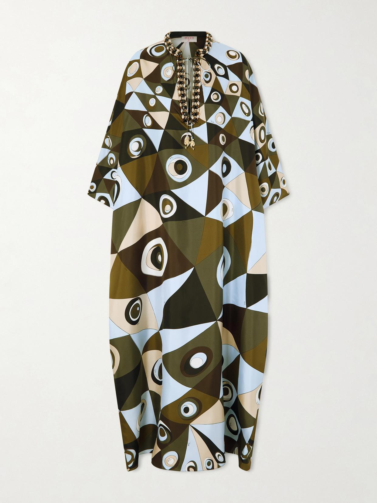 PUCCI Vivara Silk Crepe De Chine Embellished Maxi Caftan Dress In Green Product Image