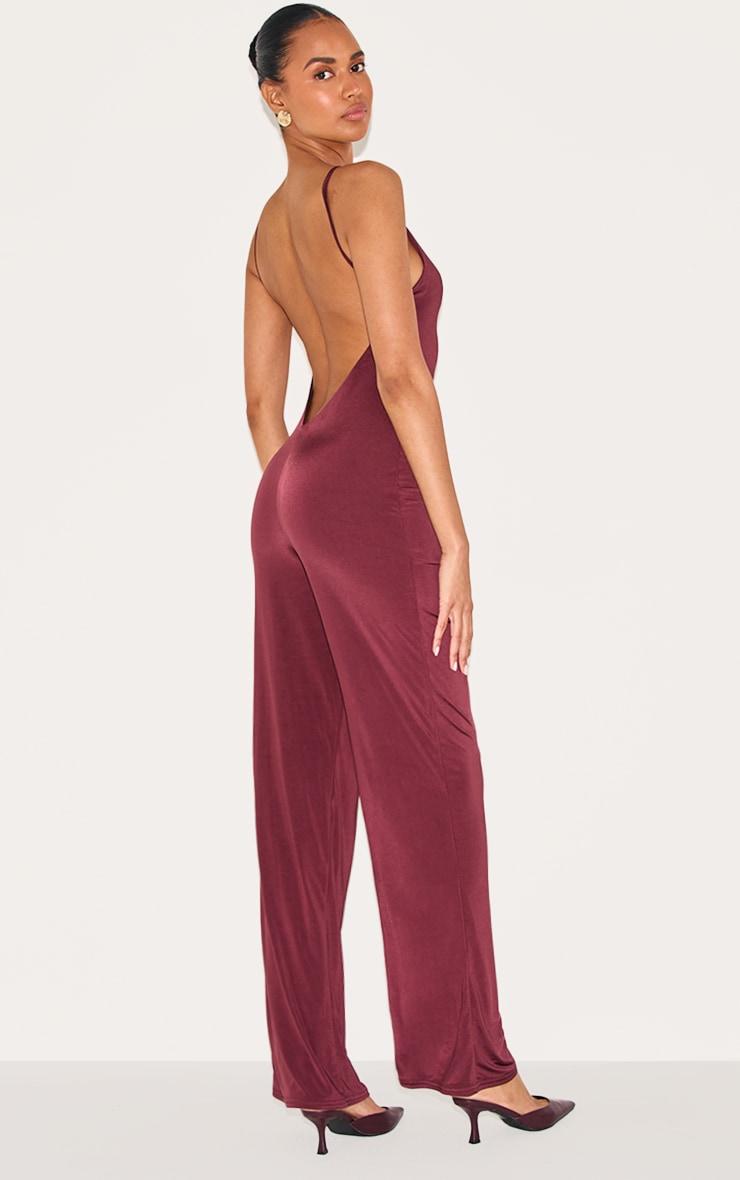 Wine Double Layer Slinky Low Back Strappy Wide Leg Jumpsuit Product Image