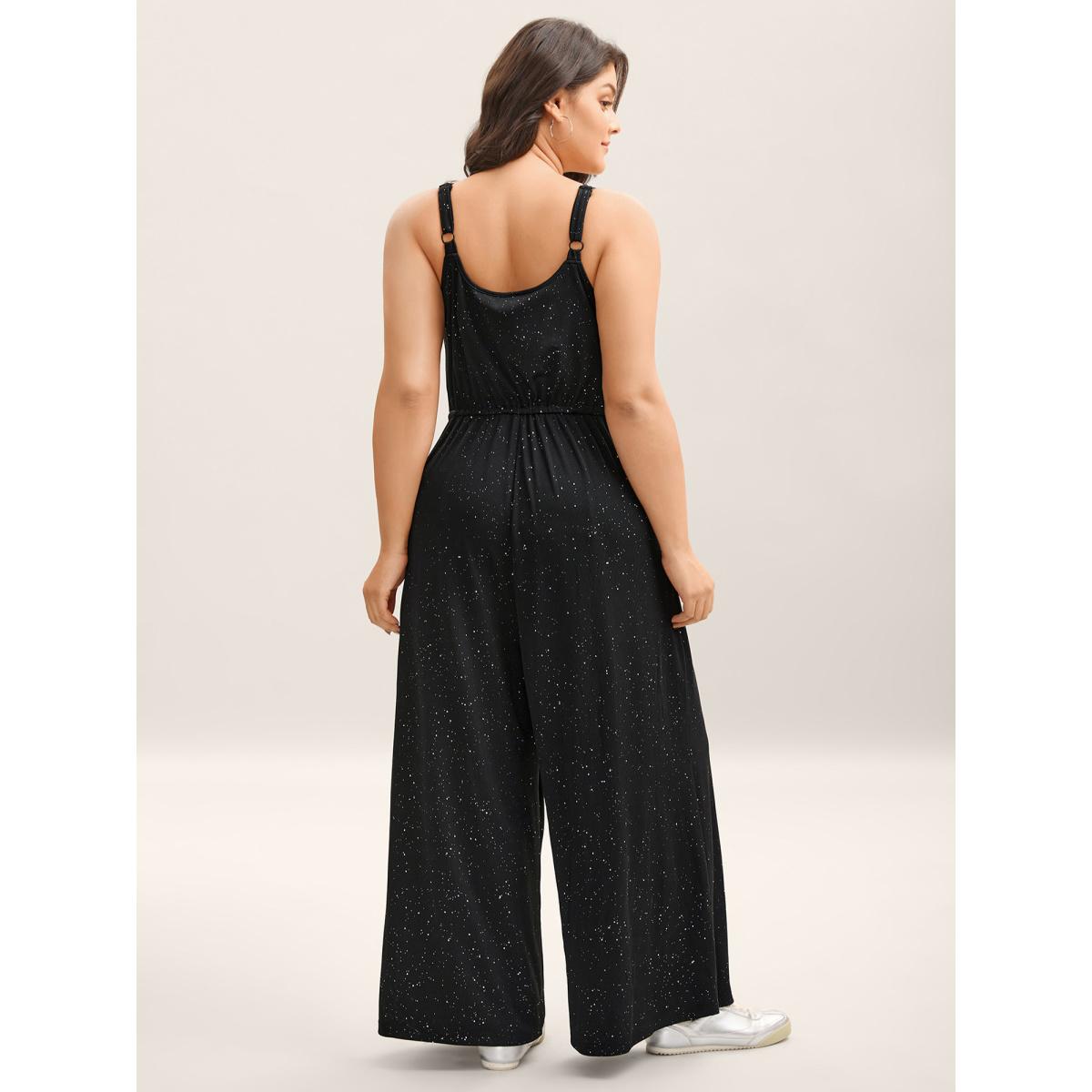 Plus Size Black Sequins Waist-Tie Wide-Leg Jumpsuit Women Sleeveless V-neck Everyday-Casual Loose Jumpsuits BloomChic 18-20/2X Product Image