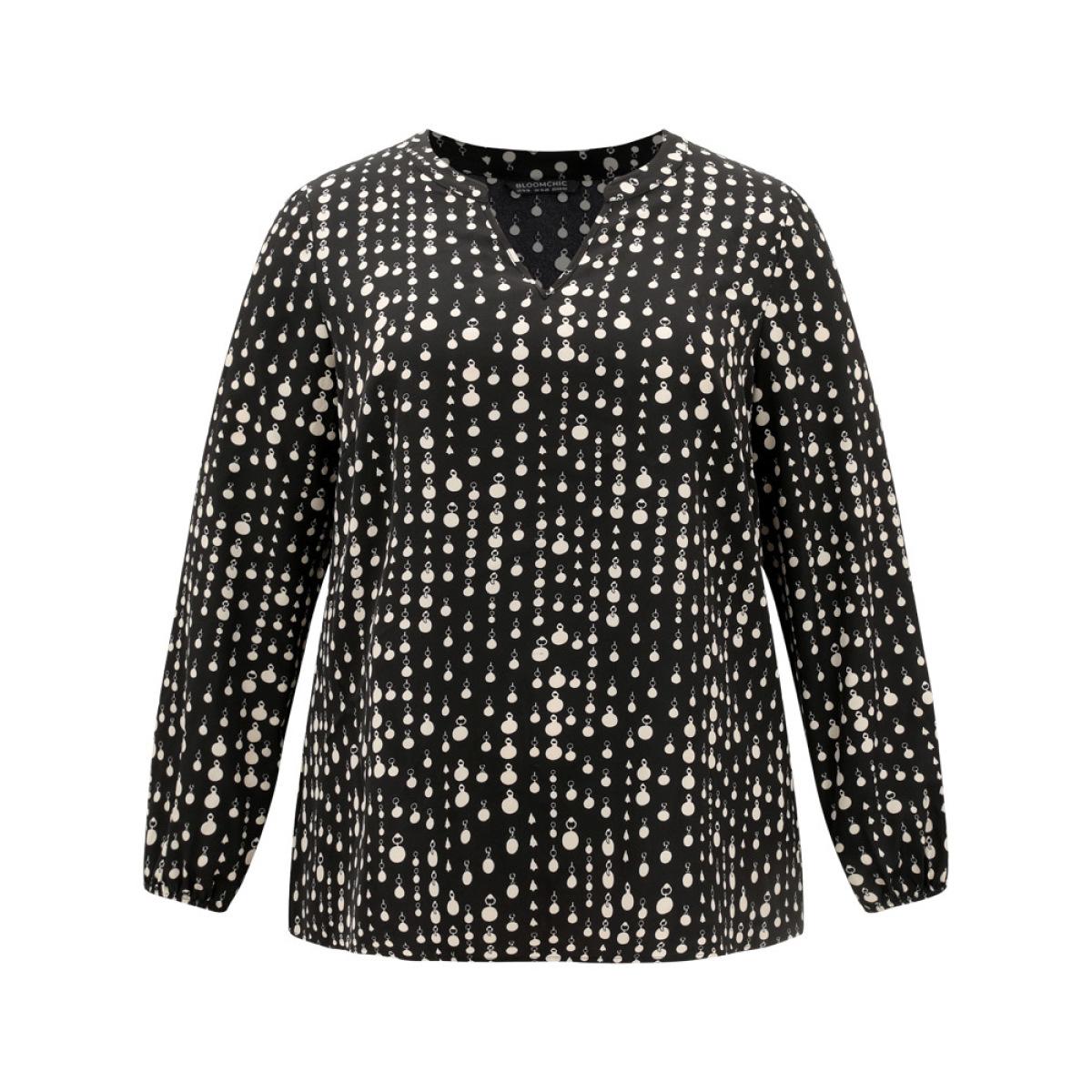 Plus Size Black Chain Print Notched Lantern Sleeve Blouse Women Office Long Sleeve Notched collar Vacation Blouses BloomChic 28/5X Product Image