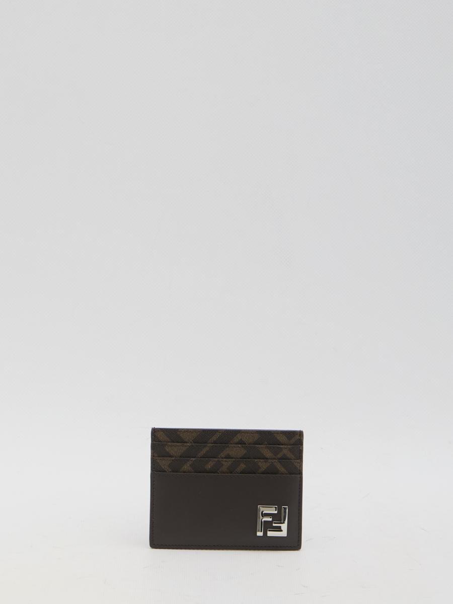 FENDI Brown Card-holder With Squared Ff Motif In Leather And Ff Canvas Man In Ebony Product Image