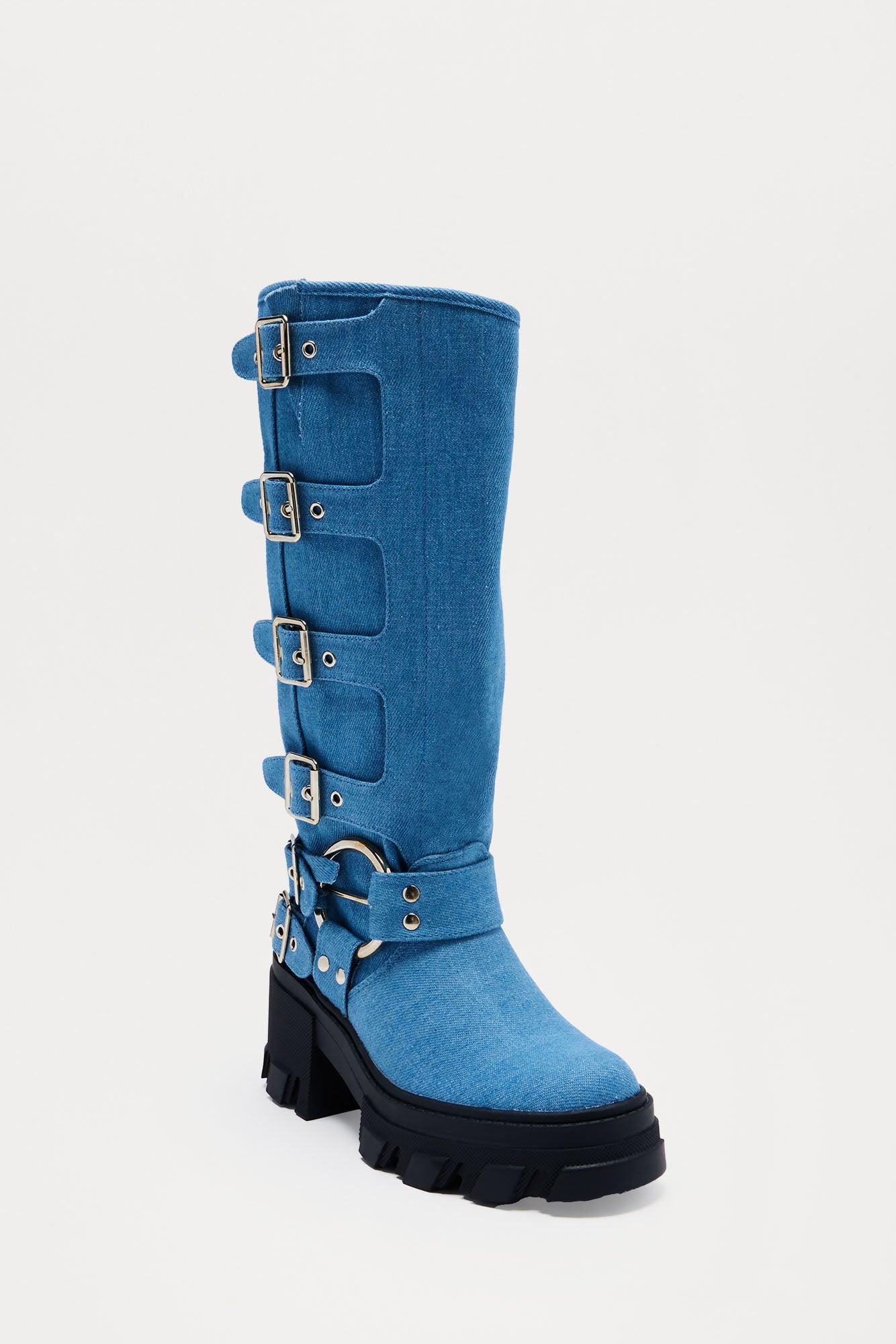 Buckle Up Butter Cup Knee High Boots - Denim Female Product Image