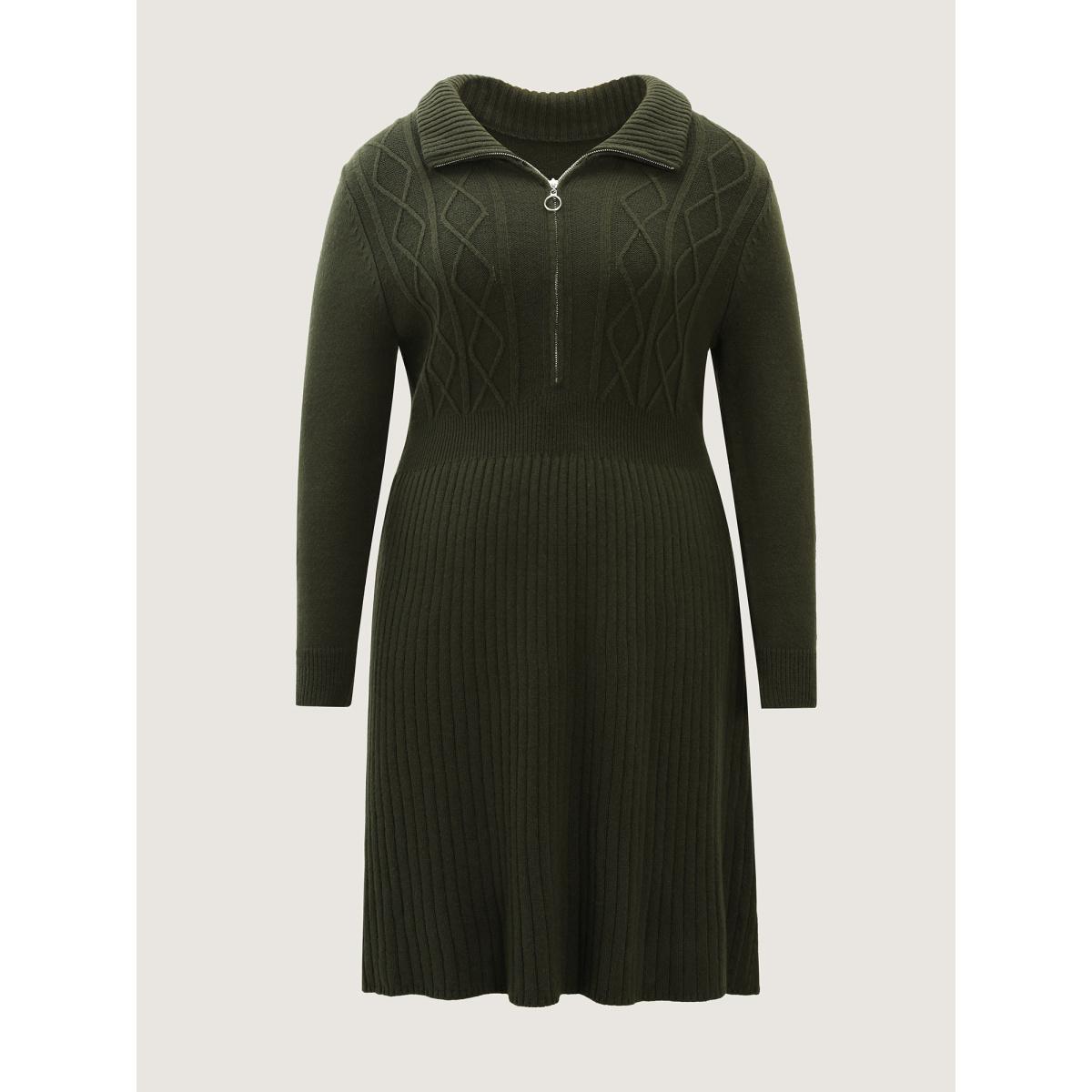 Plus Size Zipper Front Fit and Flare Midi Sweater Dress ArmyGreen Women Timeless Bodycon Long Sleeve Casual Sweater Dresses BloomChic 14-16/1X Product Image