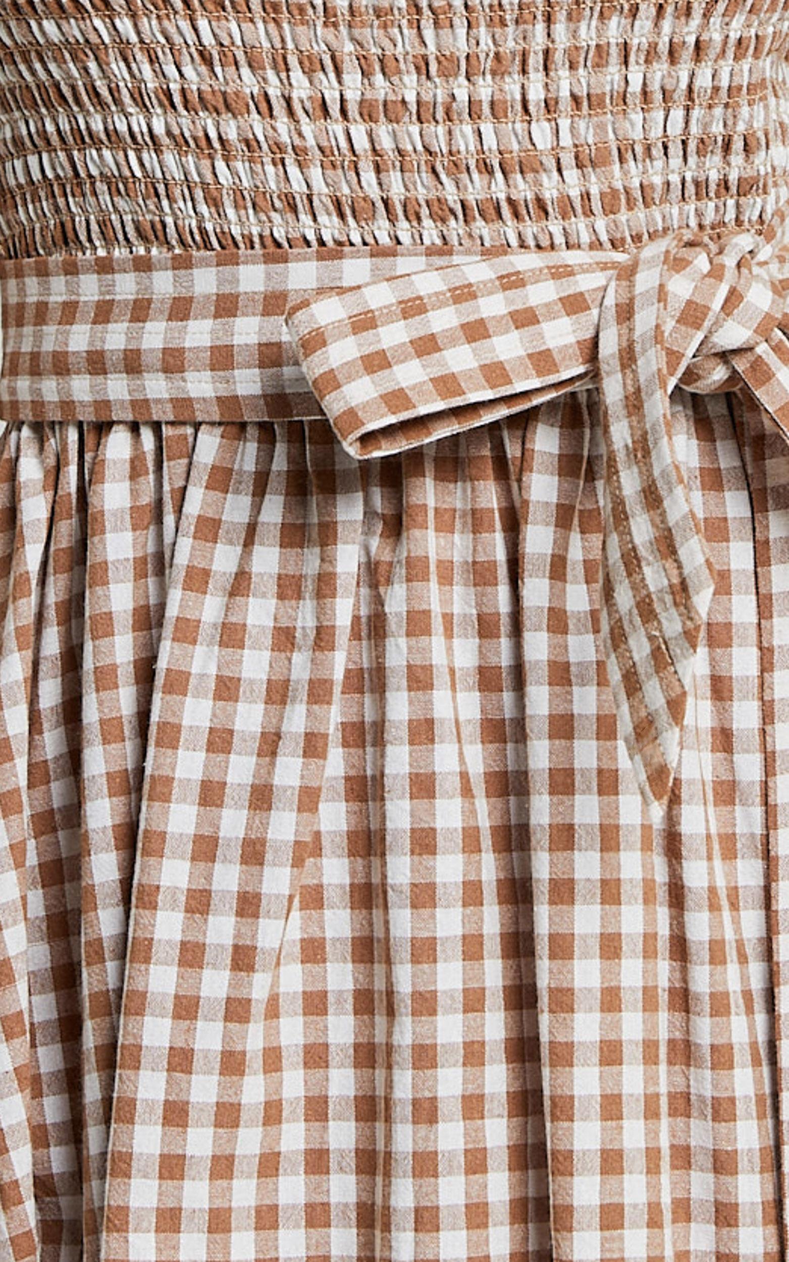 Liza Mini Dress - Shirred Bodice Short Sleeve Tie Dress in Caramel and White Gingham Product Image