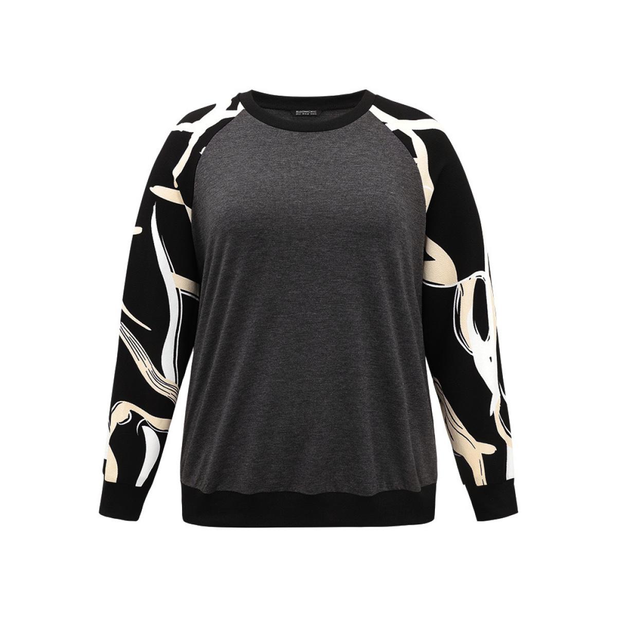 Plus Size Graphic Print Raglan Sleeve Elastic Cuffs Sweatshirt Women Black Casual Rib Knit Round Neck Dailywear Sweatshirts BloomChic 30/6X Product Image
