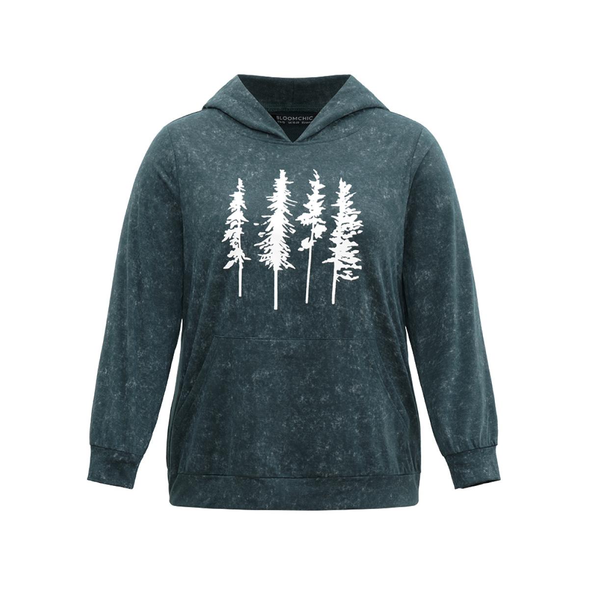 Plus Size Vintage Forest Print Kangaroo Pocket Sweatshirt Women Cyan Casual Printed Dailywear Sweatshirts BloomChic 12/L Product Image
