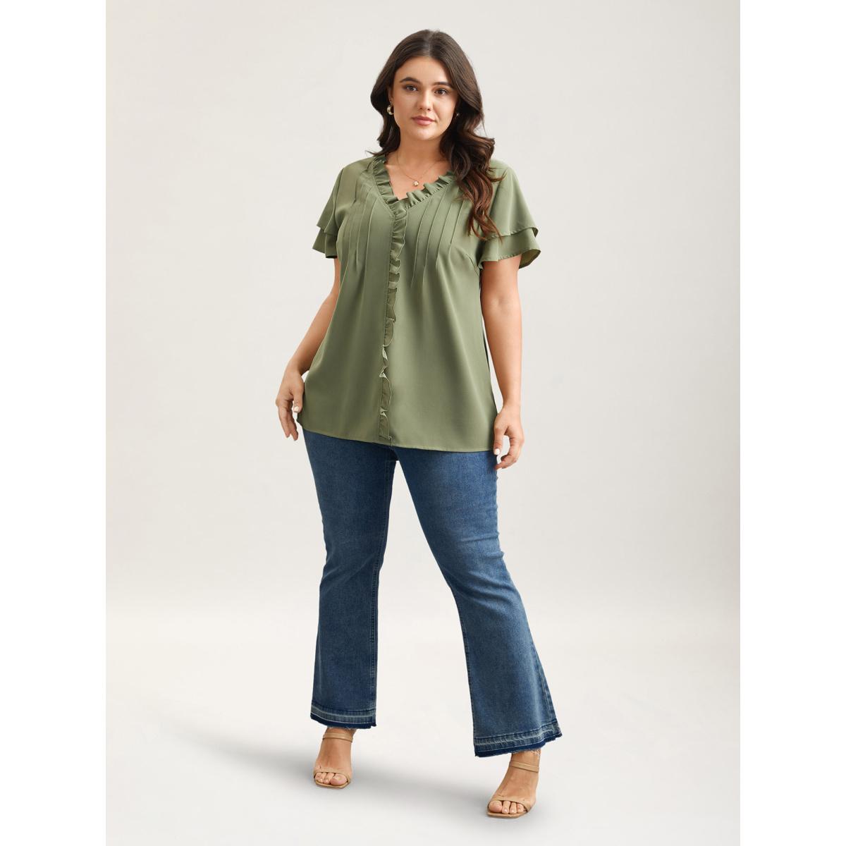 Plus Size Sage Ruffled Neck Toothpick Pleats Lotus Leaf Sleeve Shirt Women Elegant Short sleeve V-neck Everyday Blouses BloomChic 26/4X Product Image