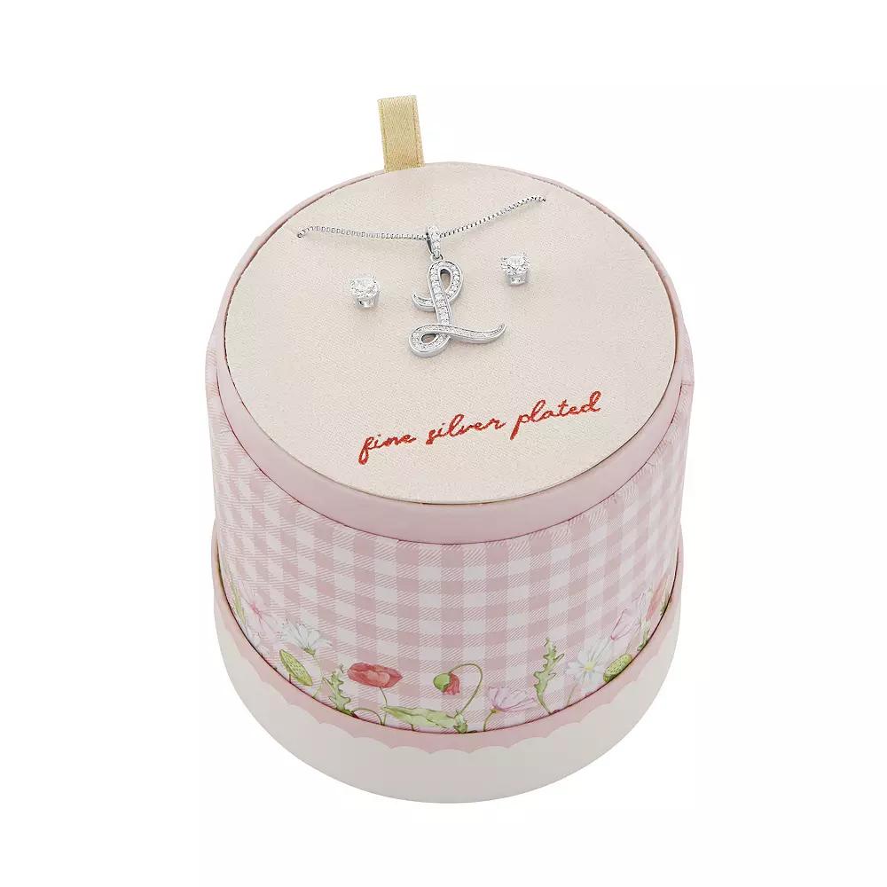 Brilliance Fine Silver Plated Cubic Zirconia Stud Earrings & Script Initial Pendant Necklace Set, Women's, Size: 18", Silver Tone L Product Image