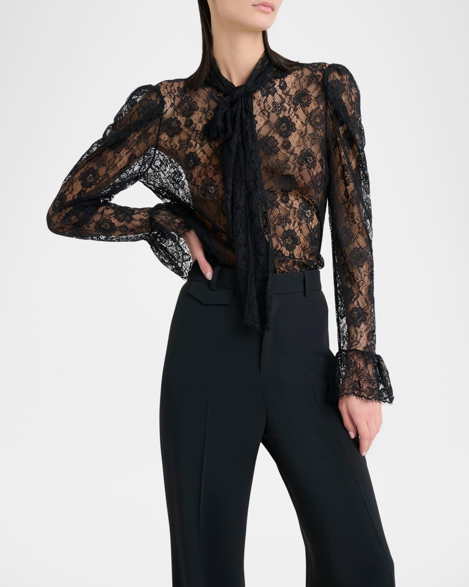 Tie-Neck Lace Button-Down Blouse Product Image