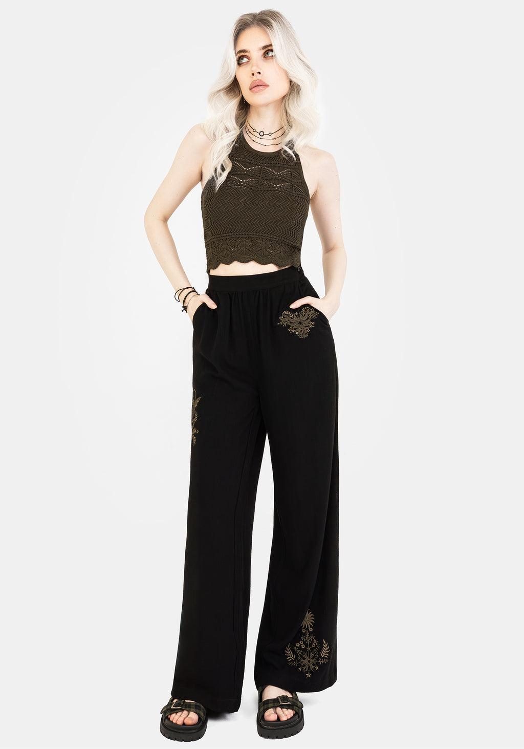 Foliate Linen-Blend Embroidered Wide Leg Trousers - Black Product Image