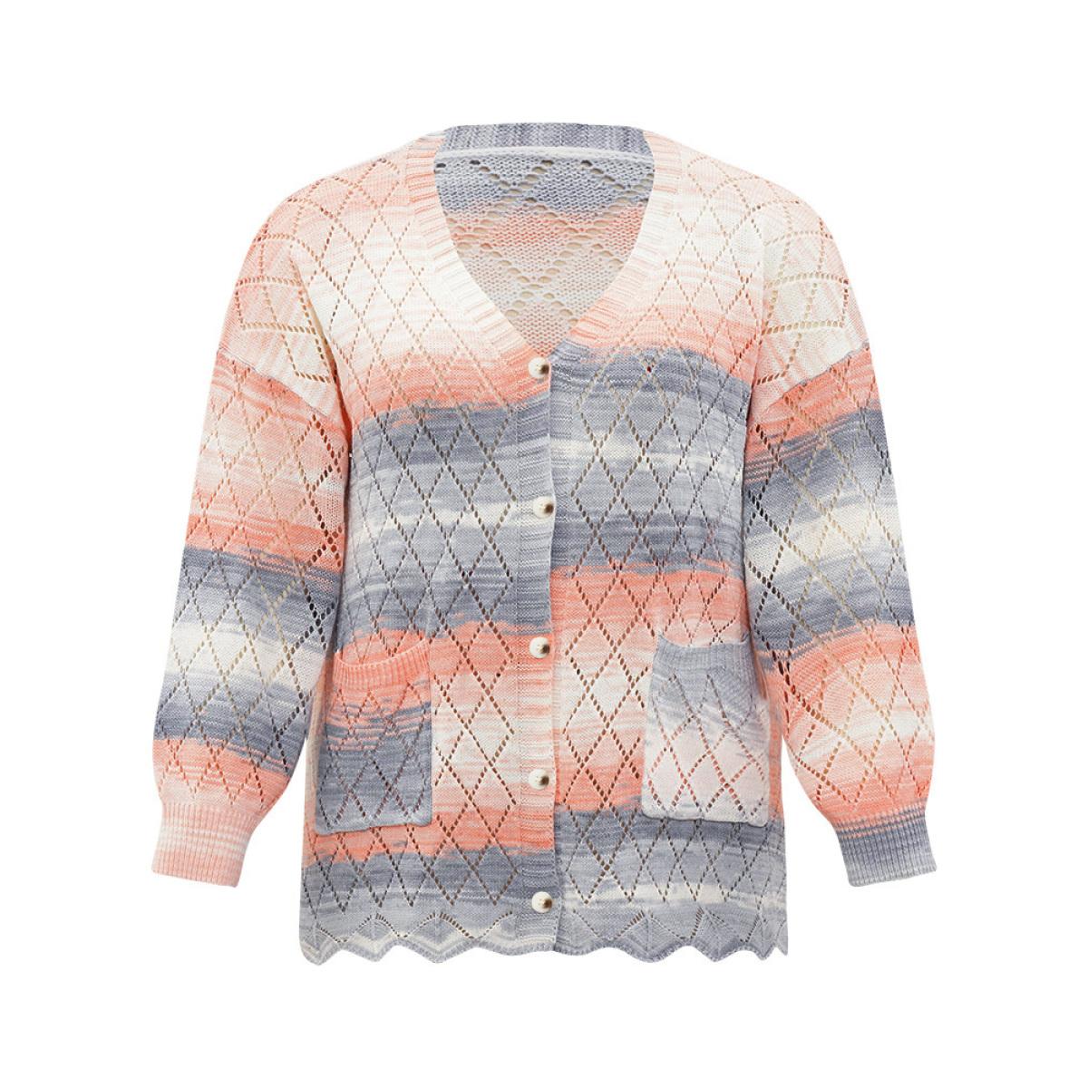 Plus Size Ombre Pocket Scalloped Trim Button Down Cardigan Coral Women Casual Loose Long Sleeve Dailywear Cardigans BloomChic 12/L Product Image