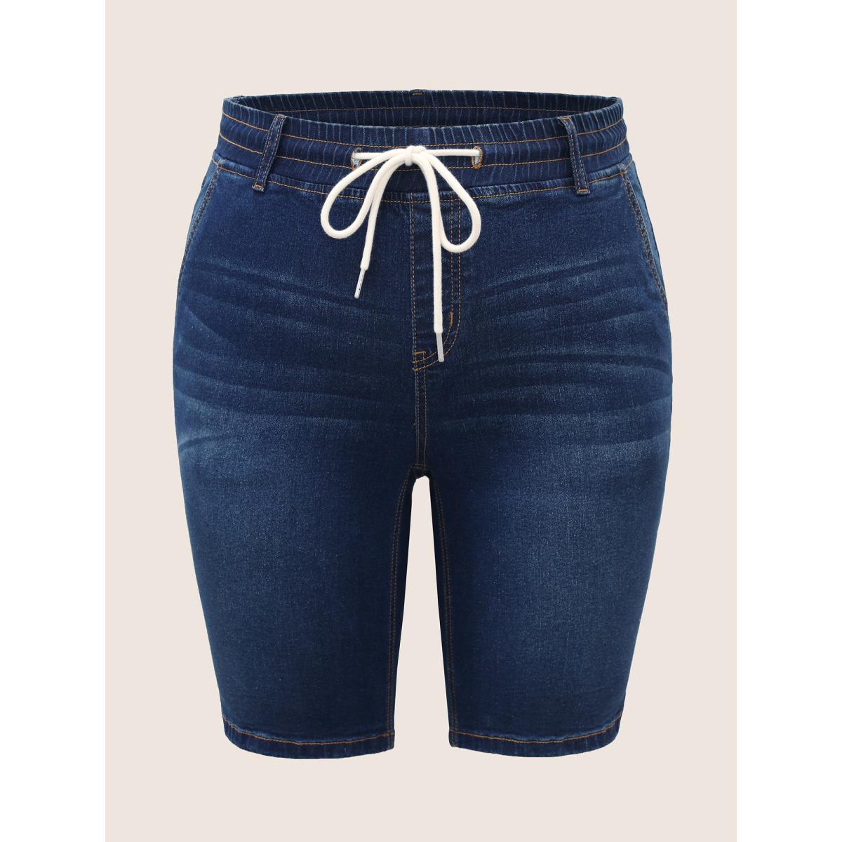 Plus Size Dark Wash Drawstring Slit Hem Denim Shorts Women Indigo Drawstring High stretch Everyday Slanted pocket Casual Denim Shorts BloomChic 12/L Product Image
