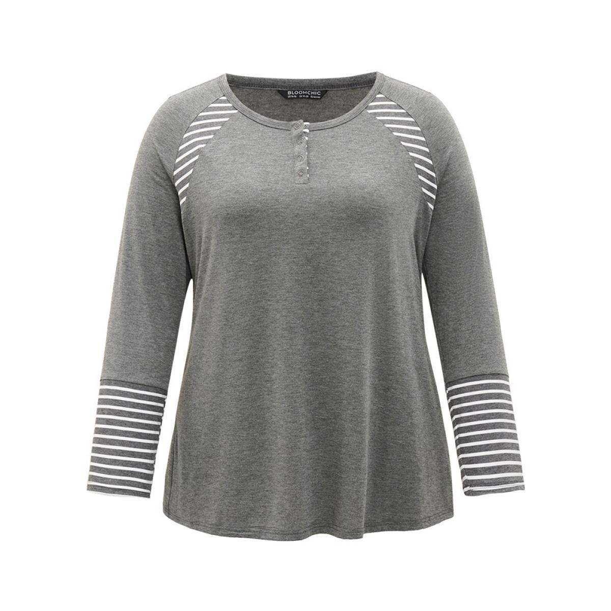 Plus Size Striped Patchwork Button Up Round Neck T-shirt DimGray Women Casual Contrast Striped Round Neck Dailywear T-shirts BloomChic 30/6X Product Image