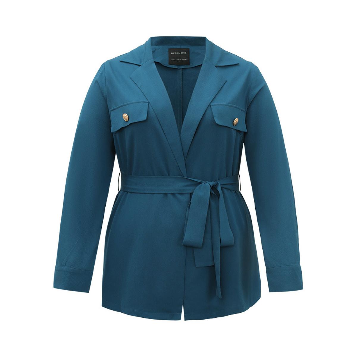 Plus Size Plain Lapel Collar Belted Metal Detail Blazer Cyan Women Dailywear Plain Plain Sleeve Long Sleeve Lapel Collar 28/5X Belt Casual Blazers BloomChic Product Image